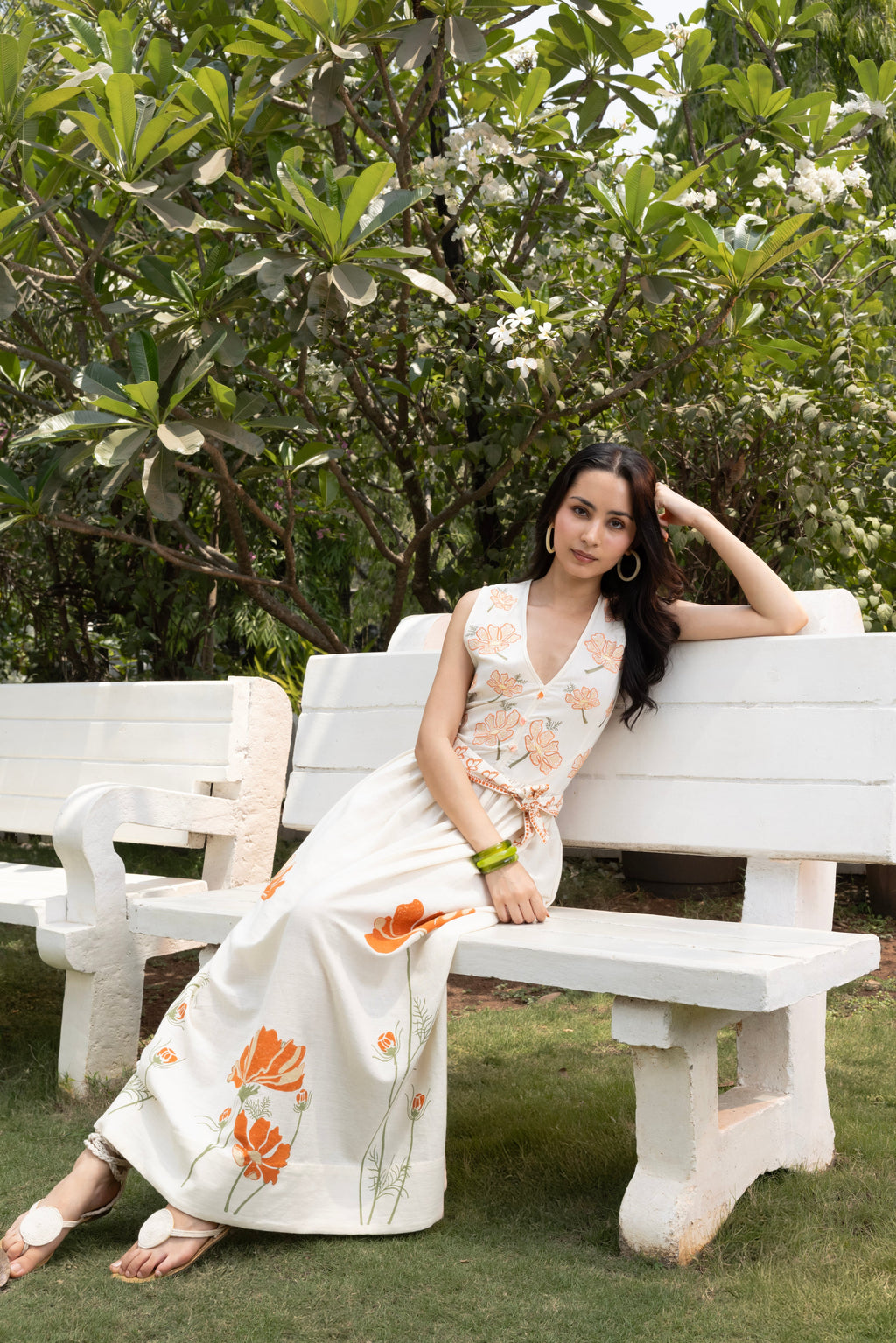 V-Neck Embroidered Floral Maxi Dress with Tie-Up Waist at kamakhyaa.com by Akashi Clothing. This item is Cosmos by Akashi Clothing, Internal Tags Missing, Under $150
