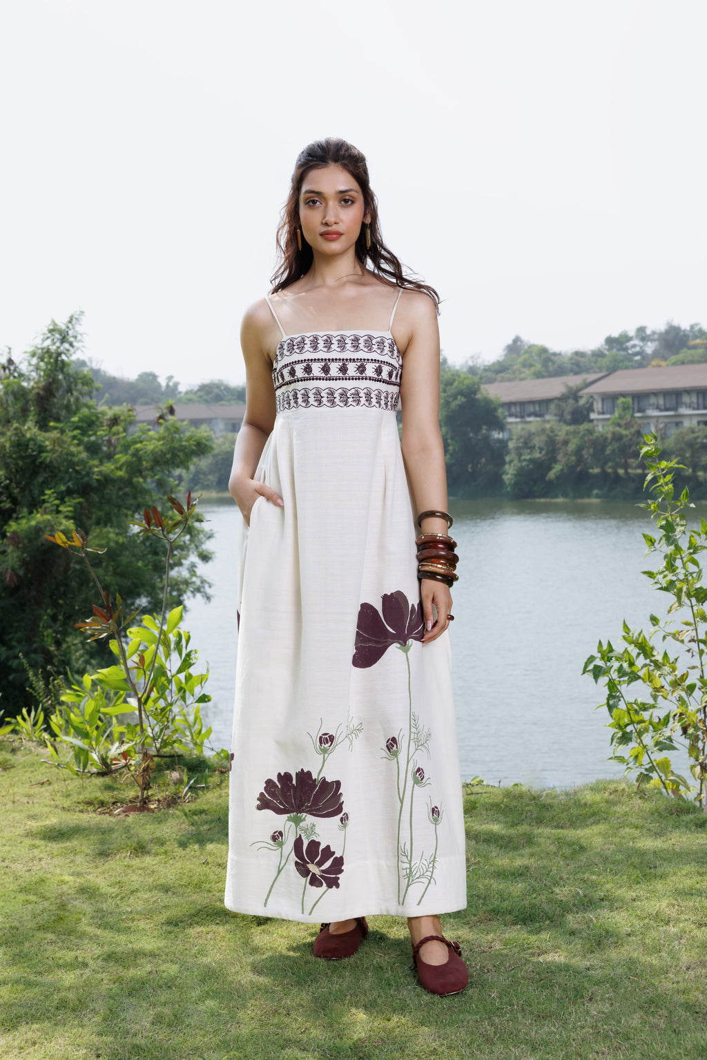 Embriodered Maxi Dress with back tie up at kamakhyaa.com by Akashi Clothing. This item is Cosmos by Akashi Clothing, Internal Tags Missing, Under $150