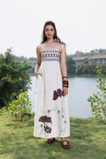 Embriodered Maxi Dress with back tie up at kamakhyaa.com by Akashi Clothing. This item is Cosmos by Akashi Clothing, Internal Tags Missing, Under $150