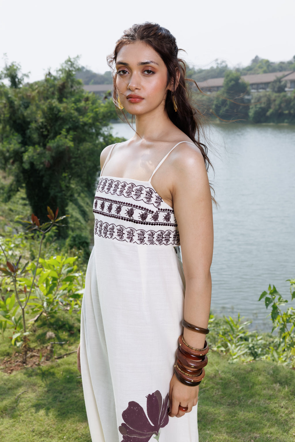 Embriodered Maxi Dress with back tie up at kamakhyaa.com by Akashi Clothing. This item is Cosmos by Akashi Clothing, Internal Tags Missing, Under $150