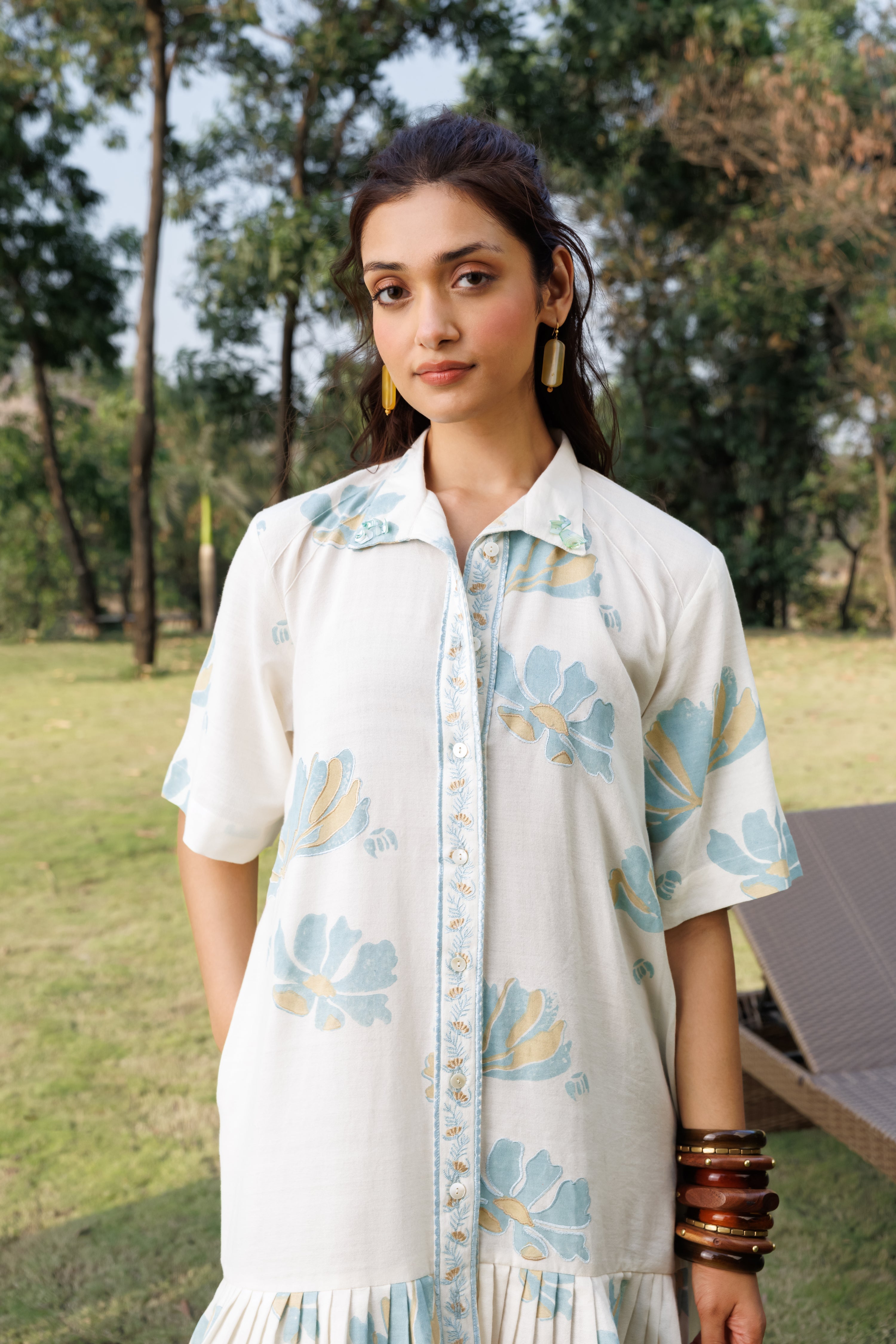 Button down Pleated Shirt Dress at kamakhyaa.com by Akashi Clothing. This item is Cosmos by Akashi Clothing, Internal Tags Missing, Under $200