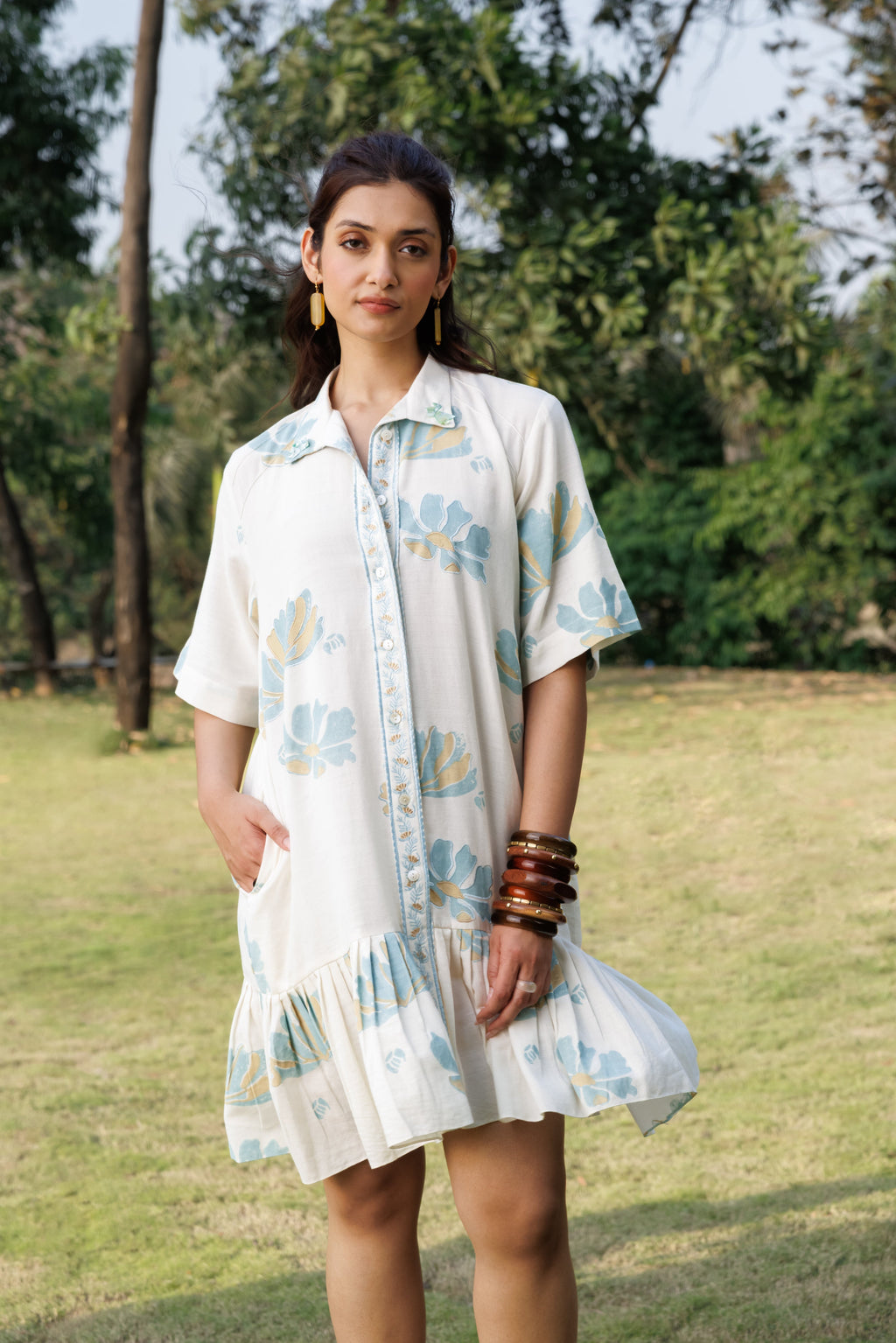 Button down Pleated Shirt Dress at kamakhyaa.com by Akashi Clothing. This item is Cosmos by Akashi Clothing, Internal Tags Missing, Under $200