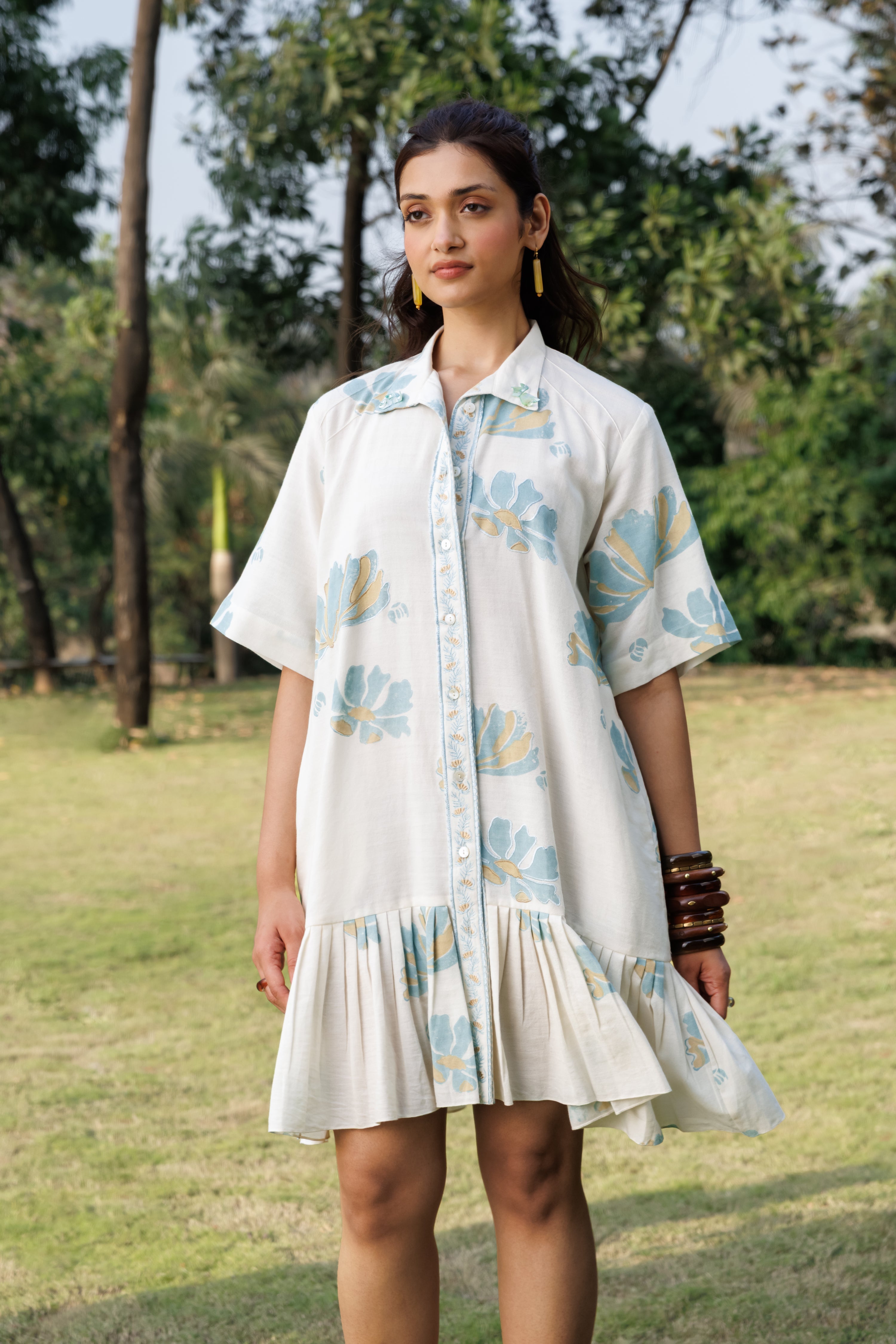 Button down Pleated Shirt Dress at kamakhyaa.com by Akashi Clothing. This item is Cosmos by Akashi Clothing, Internal Tags Missing, Under $200