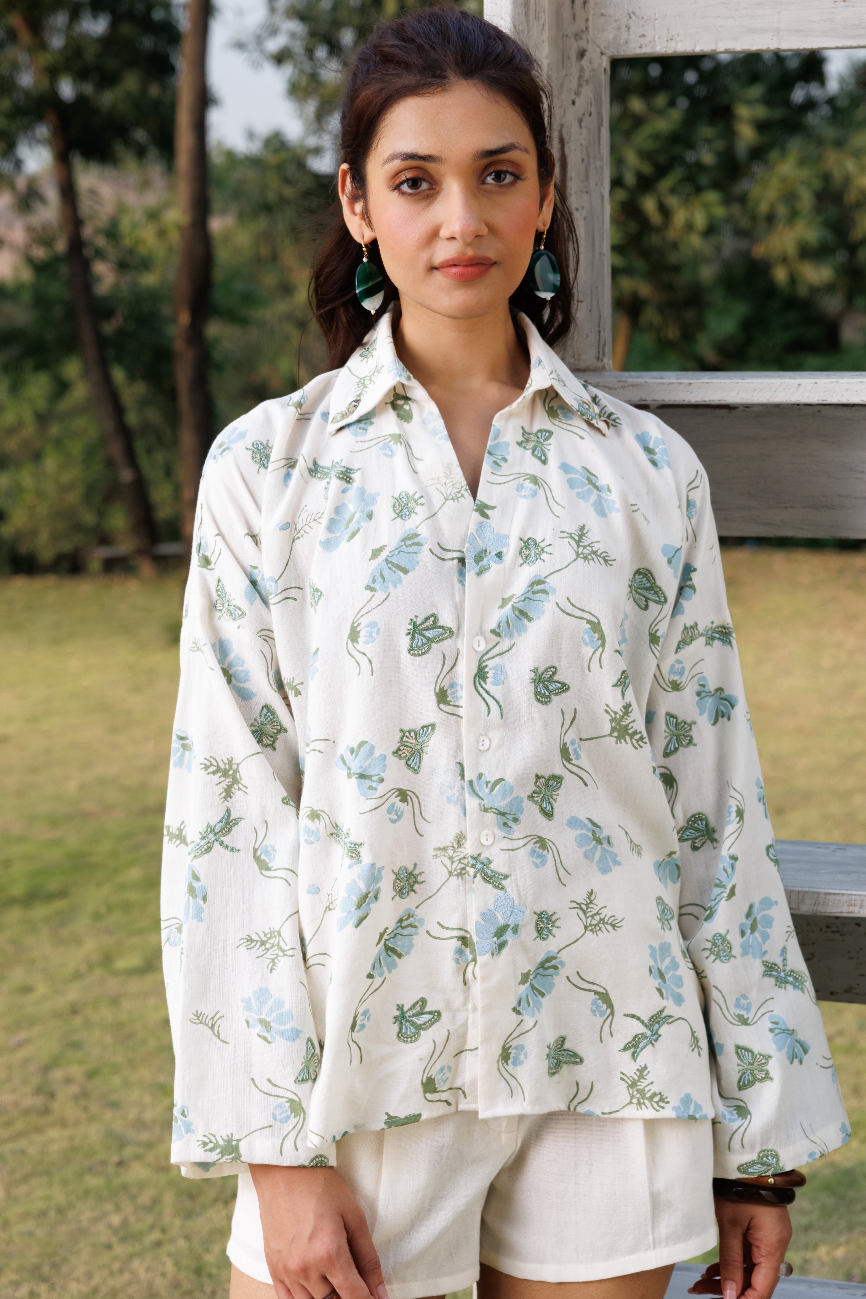 Oversized Embroidered Button-Down Shirt at kamakhyaa.com by Akashi Clothing. This item is Cosmos by Akashi Clothing, Internal Tags Missing, Under $150