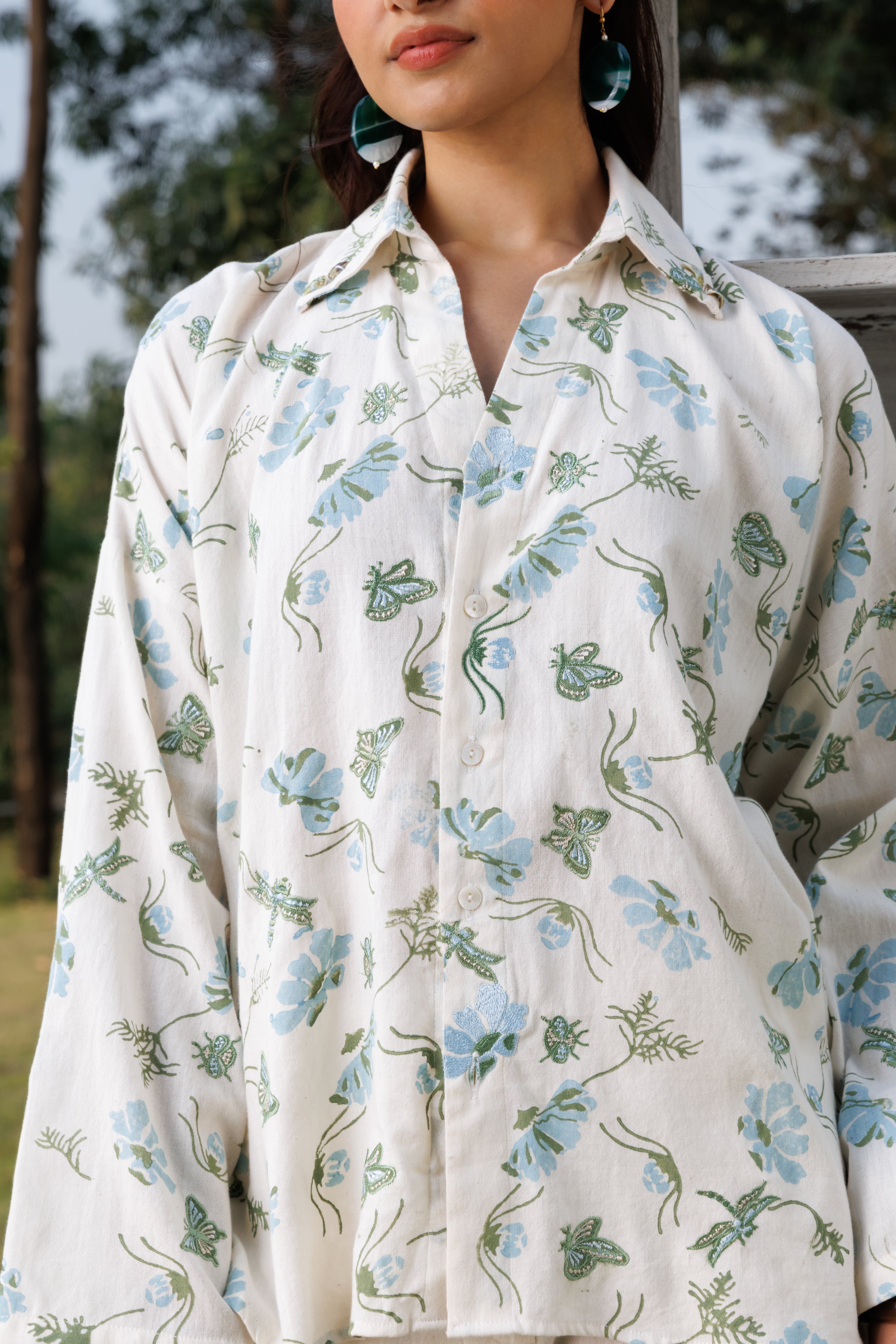 Oversized Embroidered Button-Down Shirt at kamakhyaa.com by Akashi Clothing. This item is Cosmos by Akashi Clothing, Internal Tags Missing, Under $150