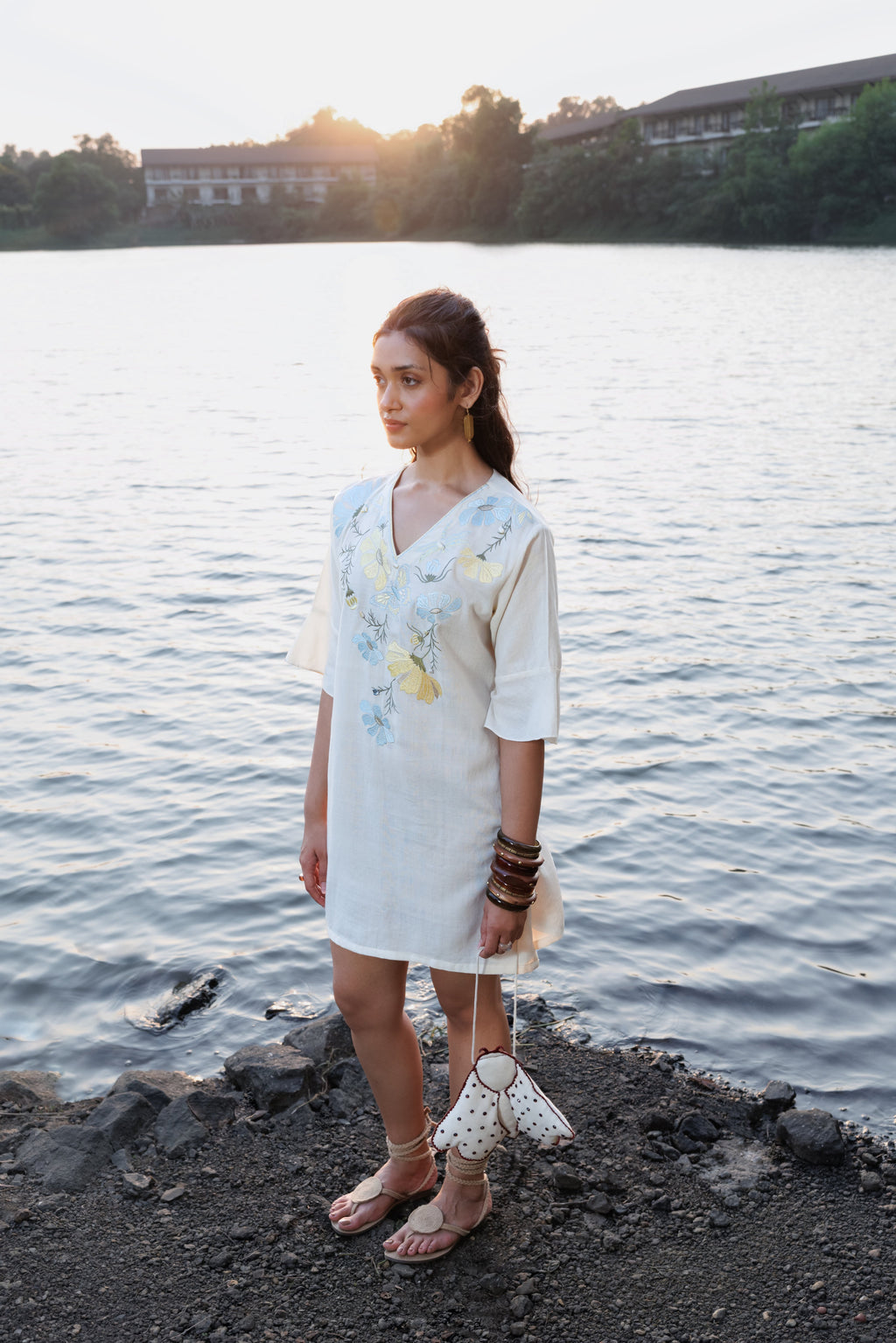 Blue floral Embroidered Short Kaftan Dress at kamakhyaa.com by Akashi Clothing. This item is Cosmos by Akashi Clothing, Internal Tags Missing, Under $100