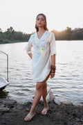 Blue floral Embroidered Short Kaftan Dress at kamakhyaa.com by Akashi Clothing. This item is Cosmos by Akashi Clothing, Internal Tags Missing, Under $100