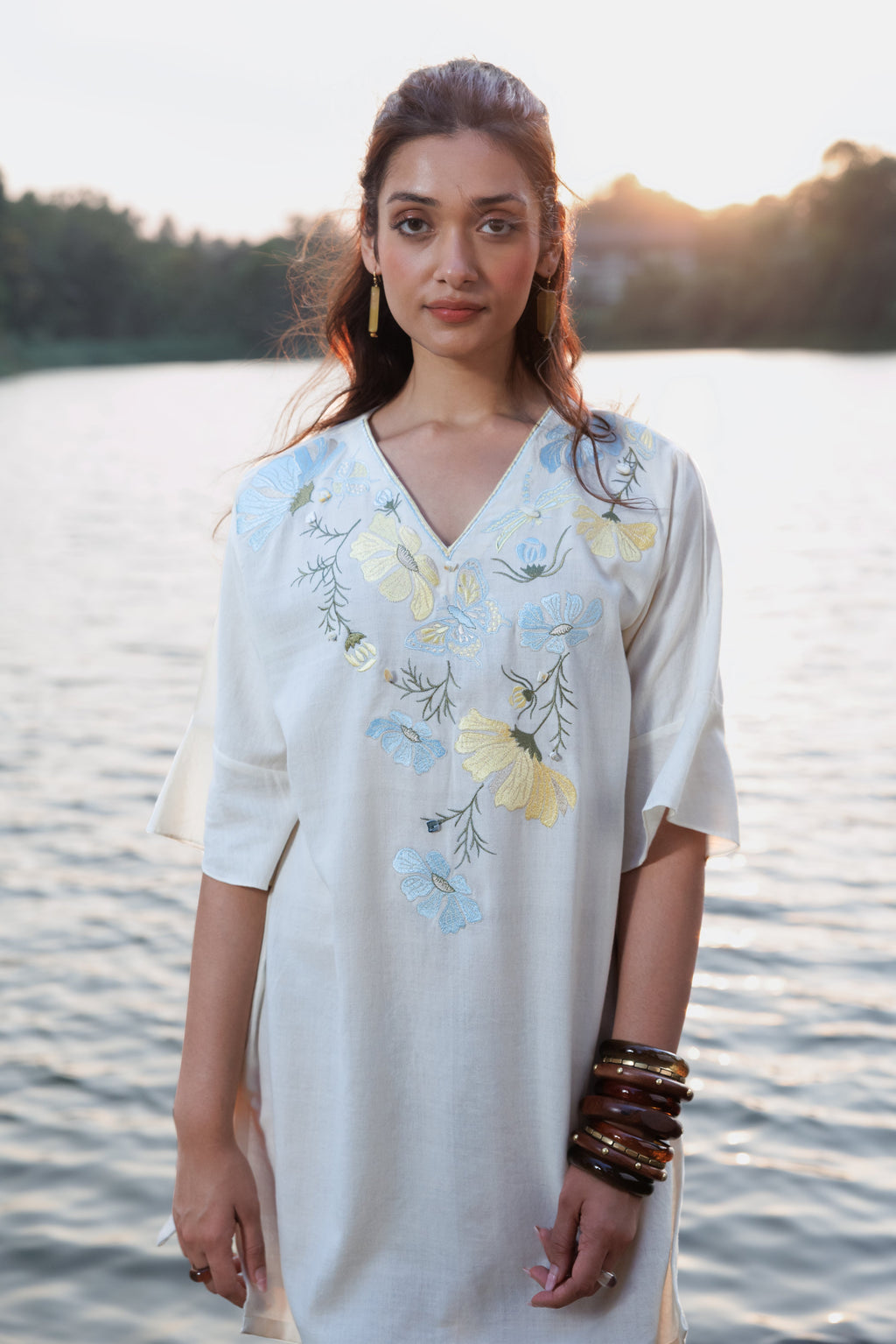 Blue floral Embroidered Short Kaftan Dress at kamakhyaa.com by Akashi Clothing. This item is Cosmos by Akashi Clothing, Internal Tags Missing, Under $100