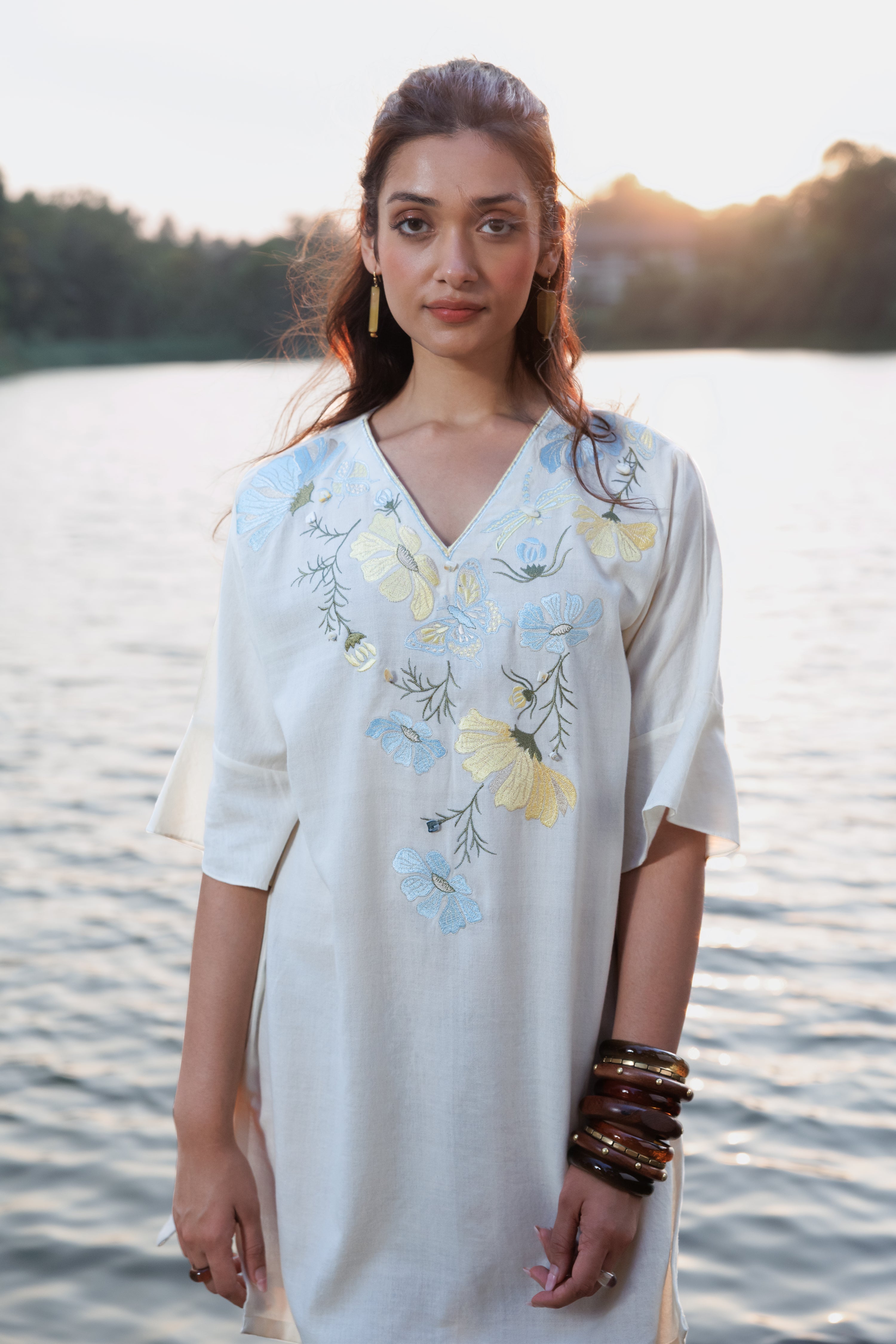 Blue floral Embroidered Short Kaftan Dress at kamakhyaa.com by Akashi Clothing. This item is Cosmos by Akashi Clothing, Internal Tags Missing, Under $100