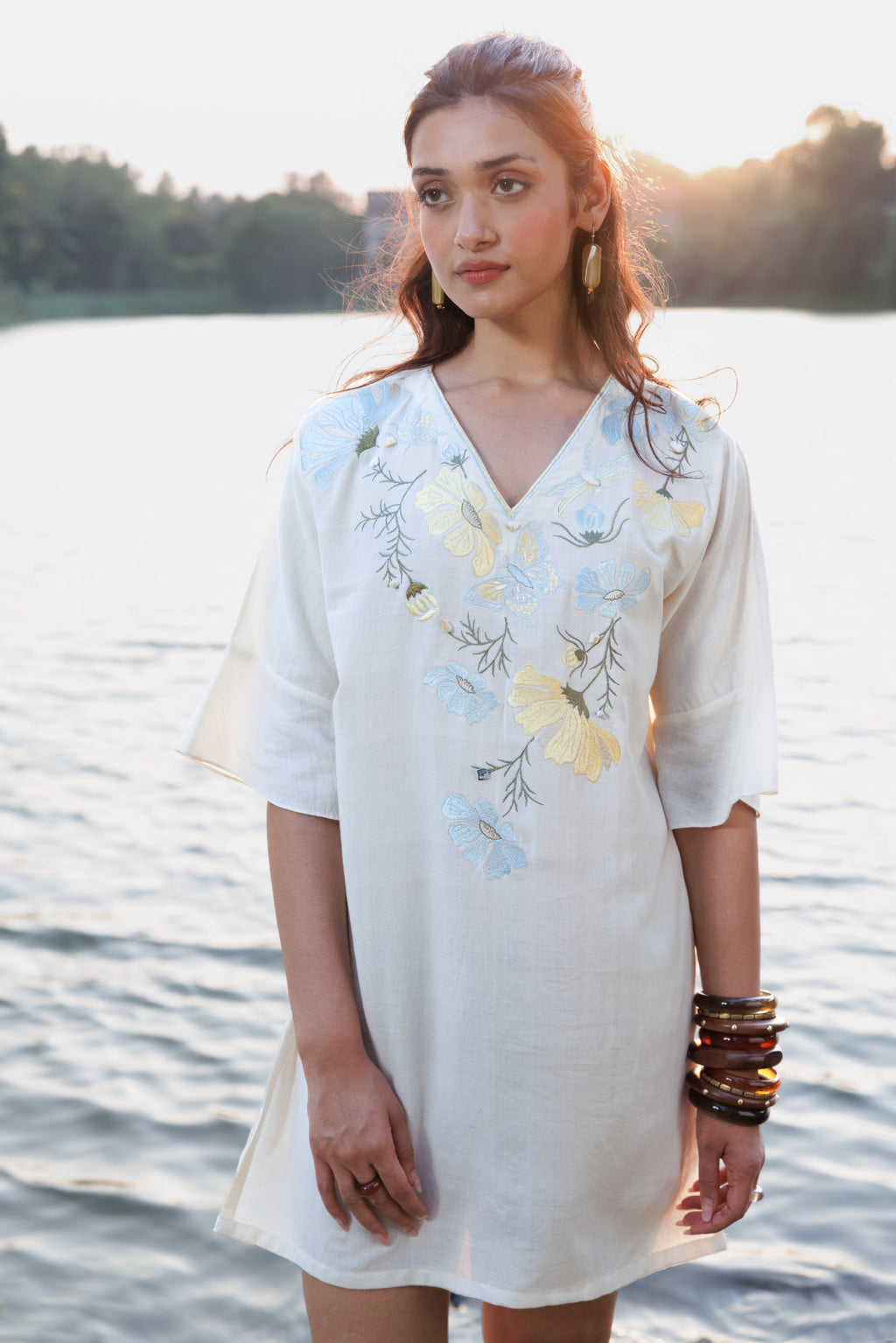 Blue floral Embroidered Short Kaftan Dress at kamakhyaa.com by Akashi Clothing. This item is Cosmos by Akashi Clothing, Internal Tags Missing, Under $100