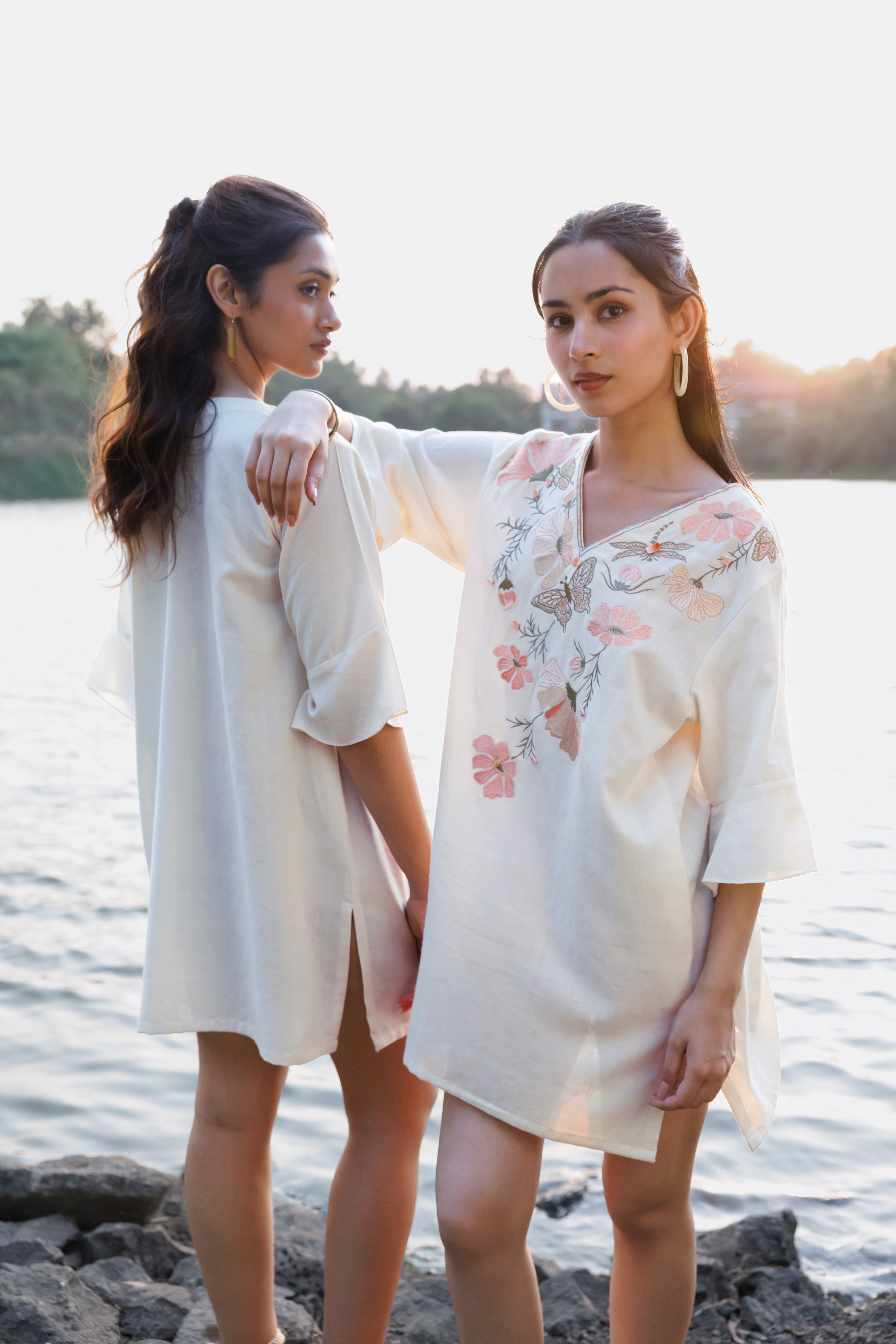 Blue floral Embroidered Short Kaftan Dress at kamakhyaa.com by Akashi Clothing. This item is Cosmos by Akashi Clothing, Internal Tags Missing, Under $100
