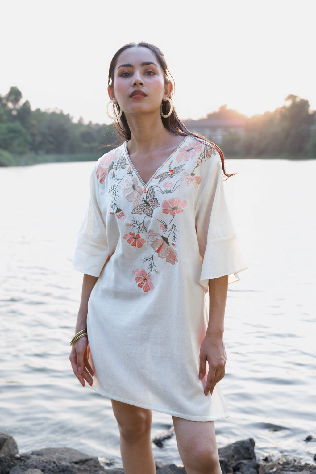 Orange floral Embroidered Short Kaftan Dress at kamakhyaa.com by Akashi Clothing. This item is Cosmos by Akashi Clothing, Internal Tags Missing, Under $50