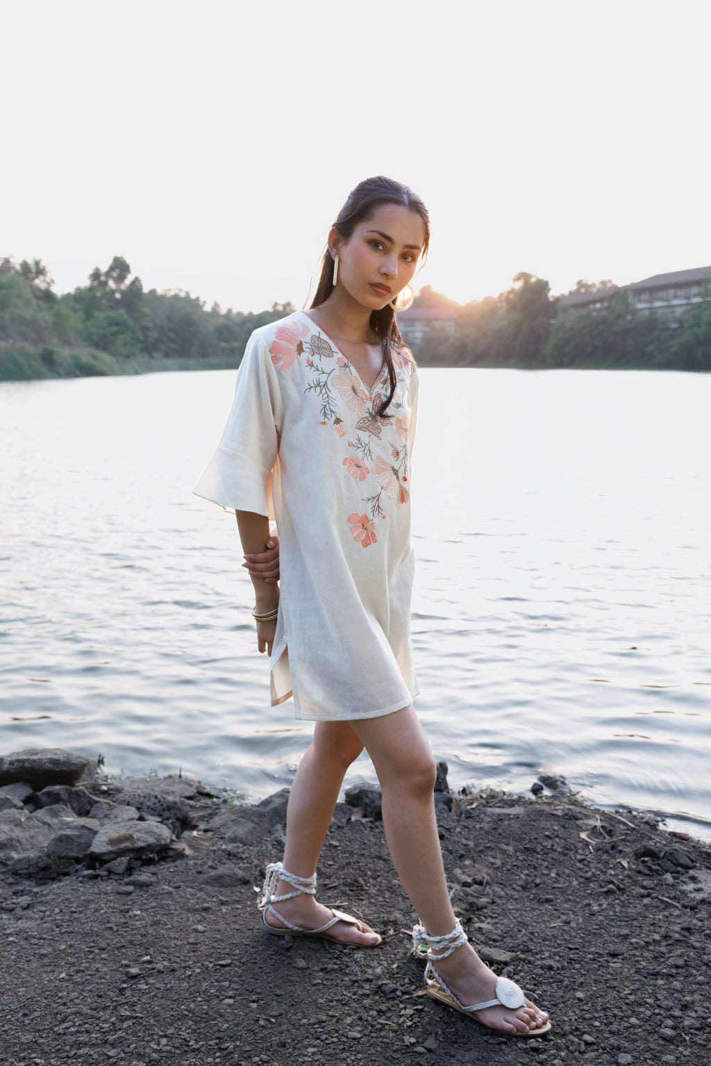 Orange floral Embroidered Short Kaftan Dress at kamakhyaa.com by Akashi Clothing. This item is Cosmos by Akashi Clothing, Internal Tags Missing, Under $50