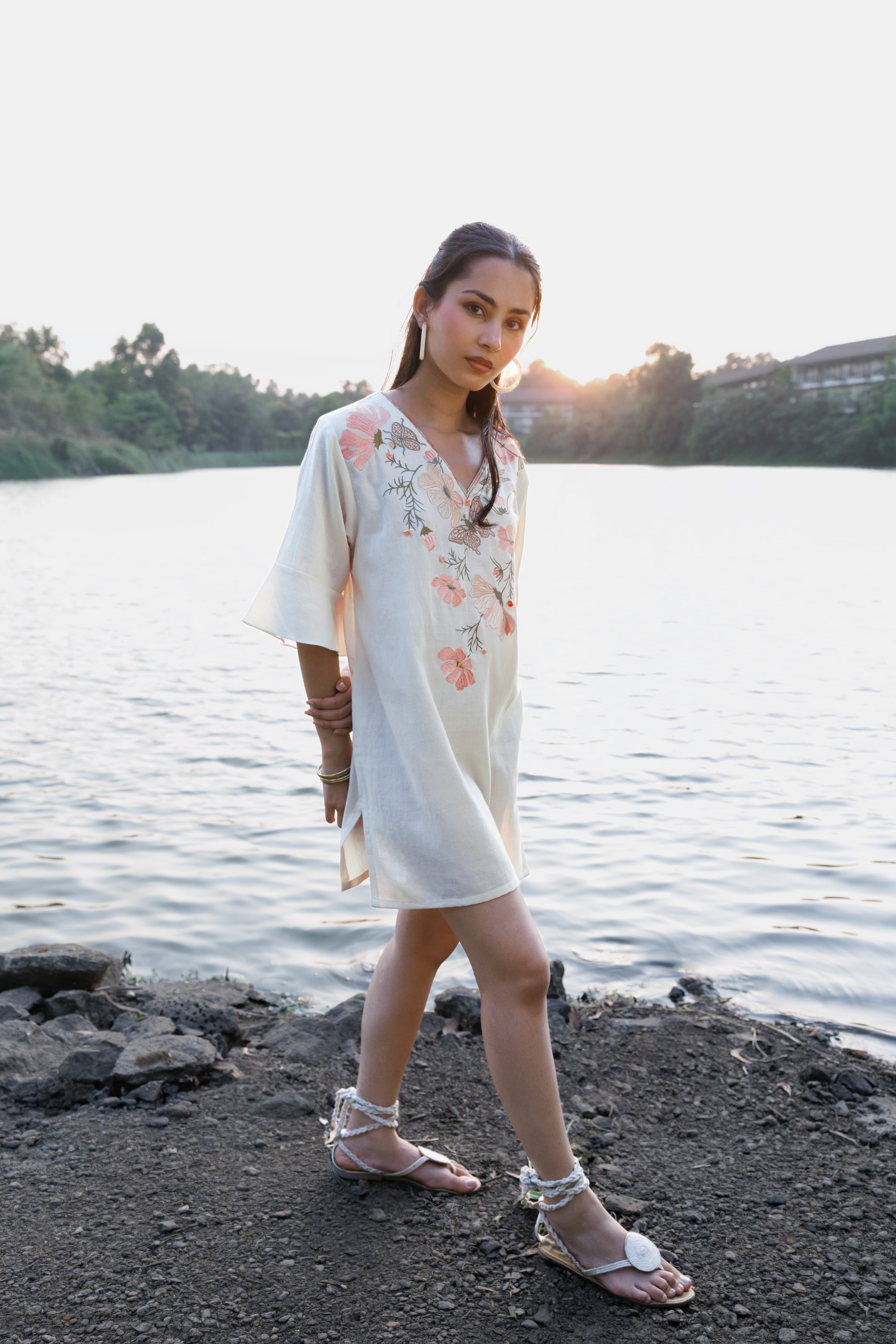 Orange floral Embroidered Short Kaftan Dress at kamakhyaa.com by Akashi Clothing. This item is Cosmos by Akashi Clothing, Internal Tags Missing, Under $50
