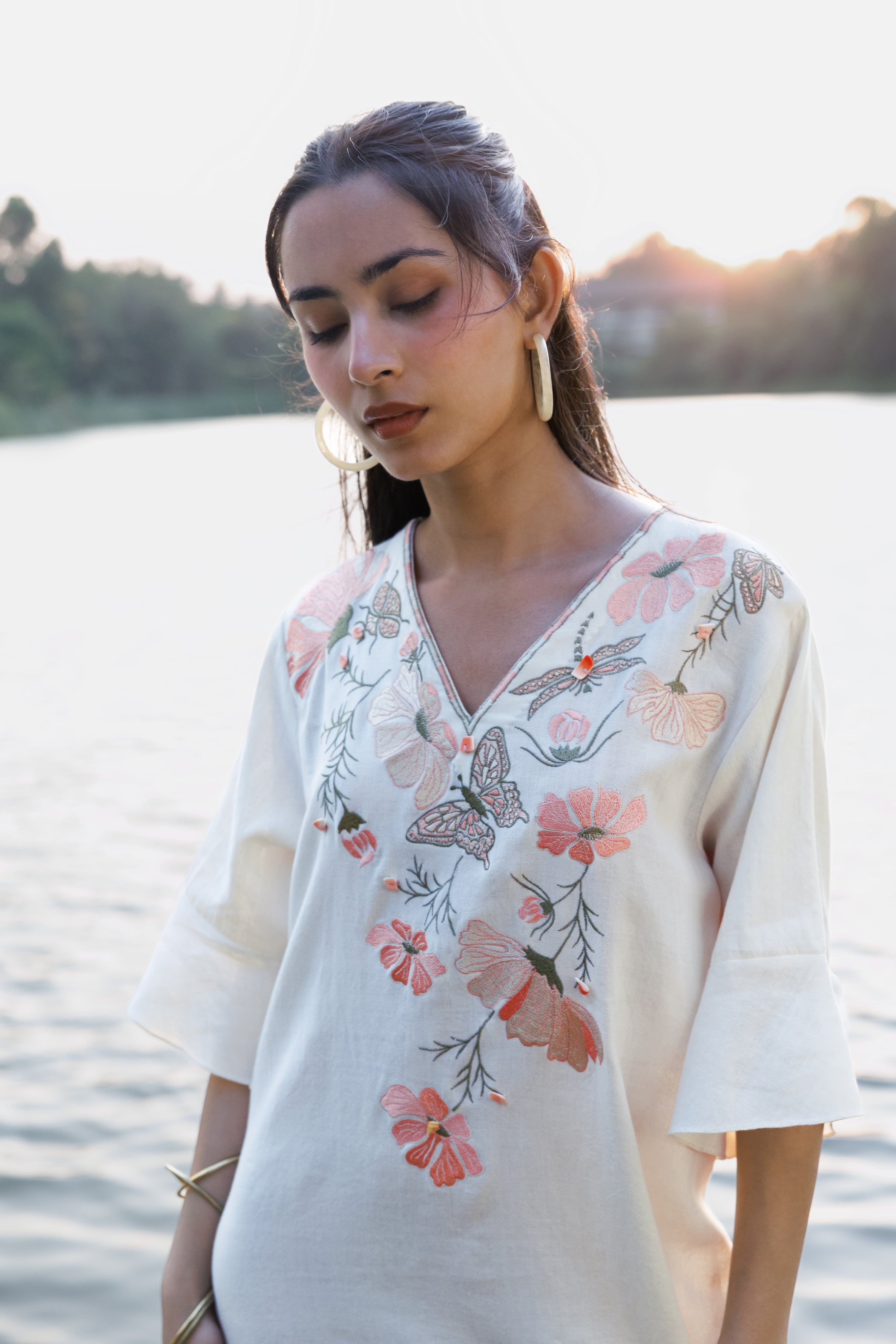 Orange floral Embroidered Short Kaftan Dress at kamakhyaa.com by Akashi Clothing. This item is Cosmos by Akashi Clothing, Internal Tags Missing, Under $50