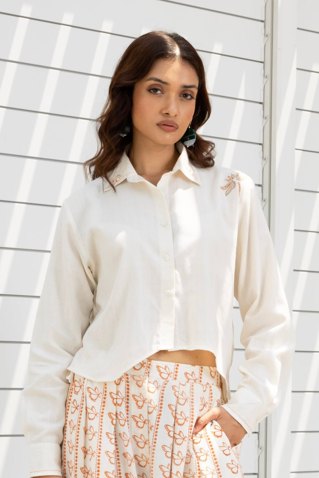 Butterfly Embroidered Cropped Shirt at kamakhyaa.com by Akashi Clothing. This item is Cosmos by Akashi Clothing, Internal Tags Missing, Under $100