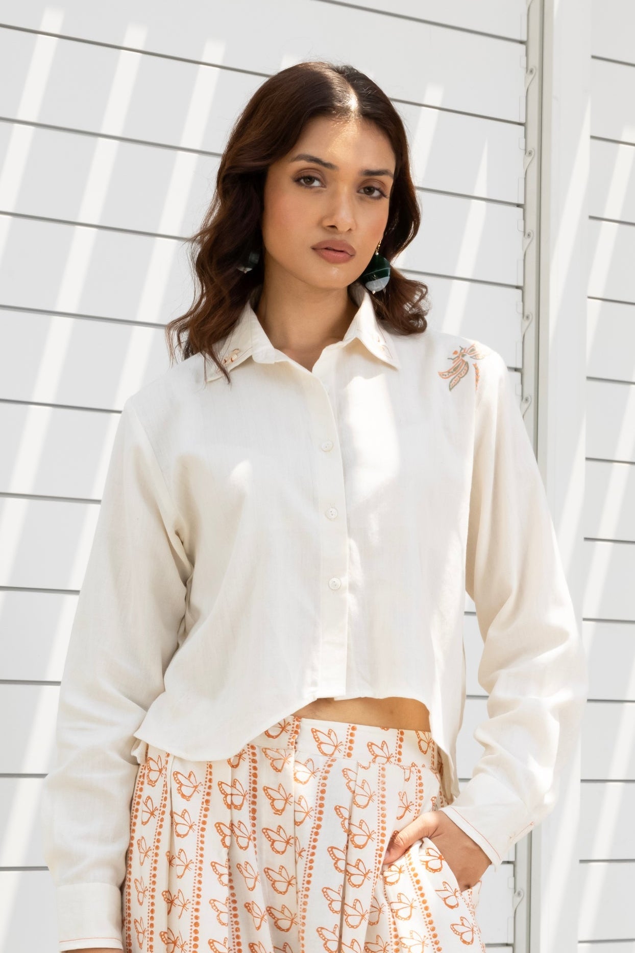 Butterfly Embroidered Cropped Shirt at kamakhyaa.com by Akashi Clothing. This item is Cosmos by Akashi Clothing, Internal Tags Missing, Under $100