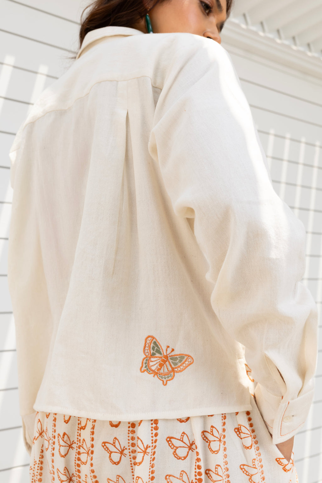 Butterfly Embroidered Cropped Shirt at kamakhyaa.com by Akashi Clothing. This item is Cosmos by Akashi Clothing, Internal Tags Missing, Under $100