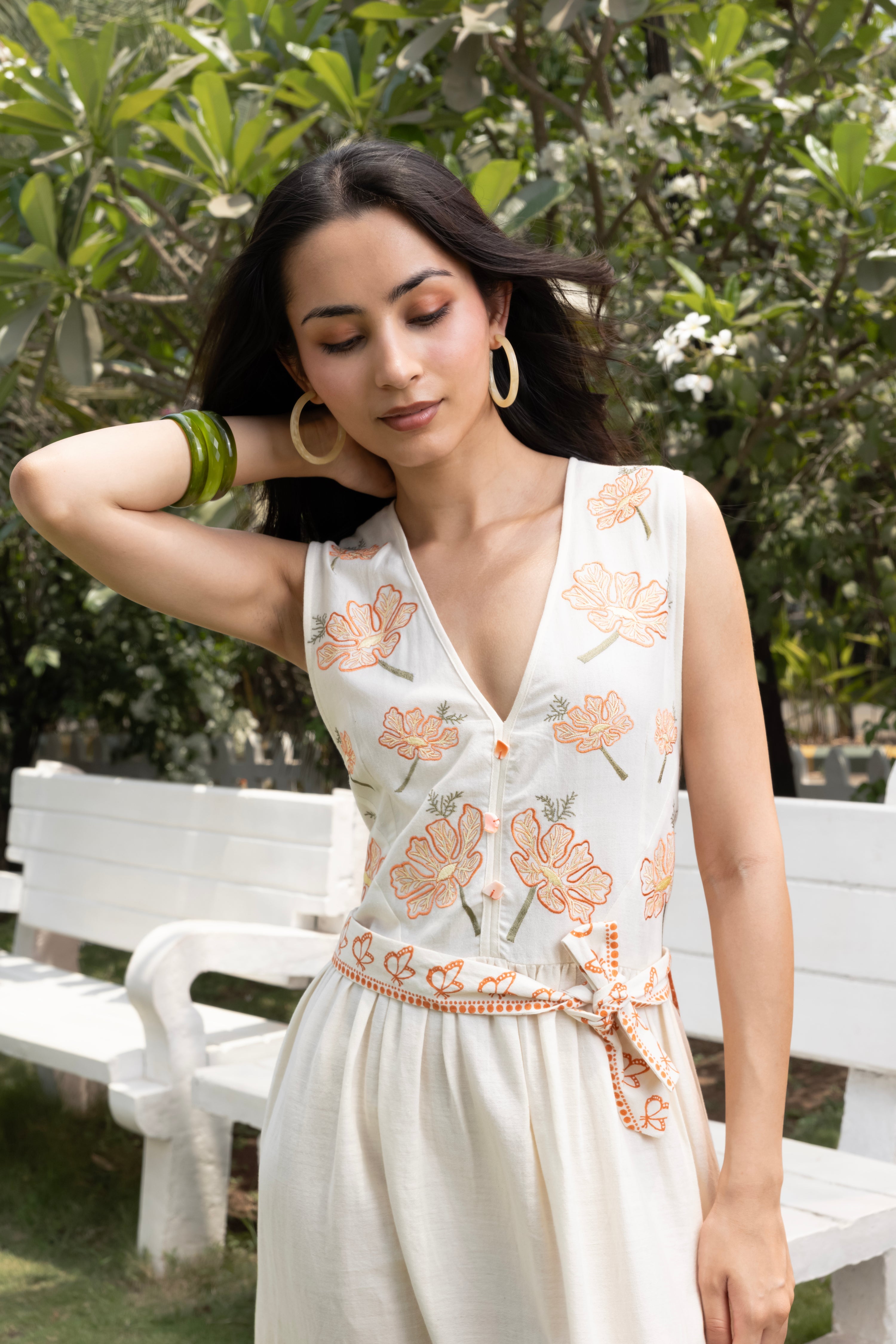 V-Neck Embroidered Floral Maxi Dress with Tie-Up Waist at kamakhyaa.com by Akashi Clothing. This item is Cosmos by Akashi Clothing, Internal Tags Missing, Under $150
