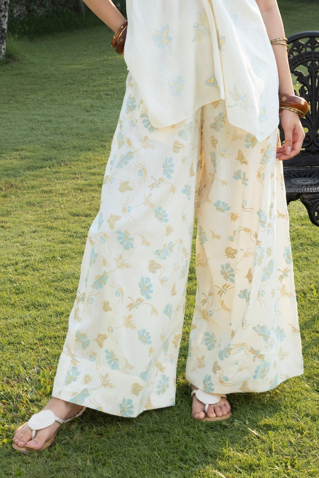 Printed Wide-Leg Pants with Side Elastic Waist at kamakhyaa.com by Akashi Clothing. This item is Cosmos by Akashi Clothing, Internal Tags Missing, Under $100