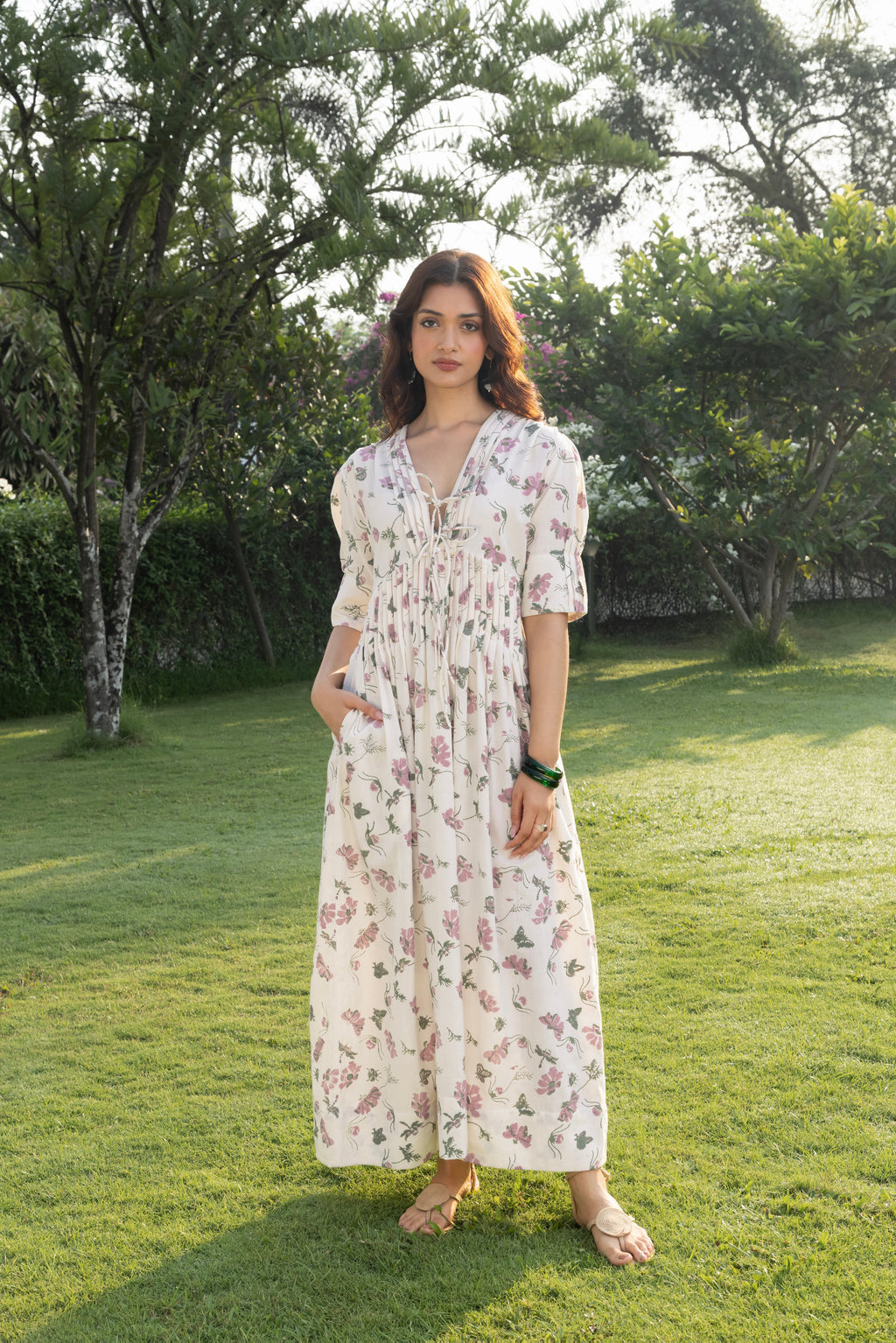 V-Neck Pleated Maxi Dress with Embroidery at kamakhyaa.com by Akashi Clothing. This item is Cosmos by Akashi Clothing, Internal Tags Missing, Under $150