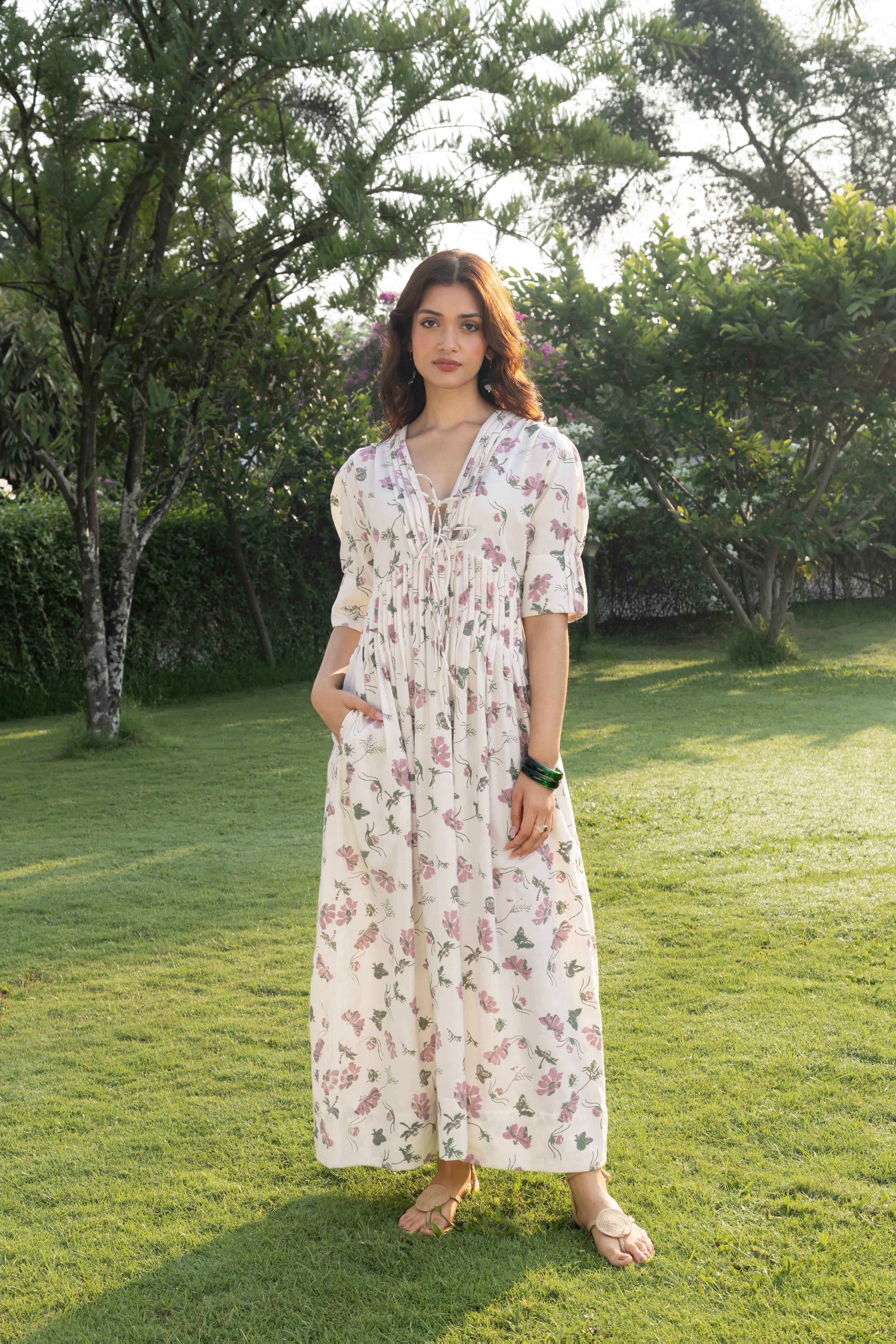 V-Neck Pleated Maxi Dress with Embroidery at kamakhyaa.com by Akashi Clothing. This item is Cosmos by Akashi Clothing, Internal Tags Missing, Under $150