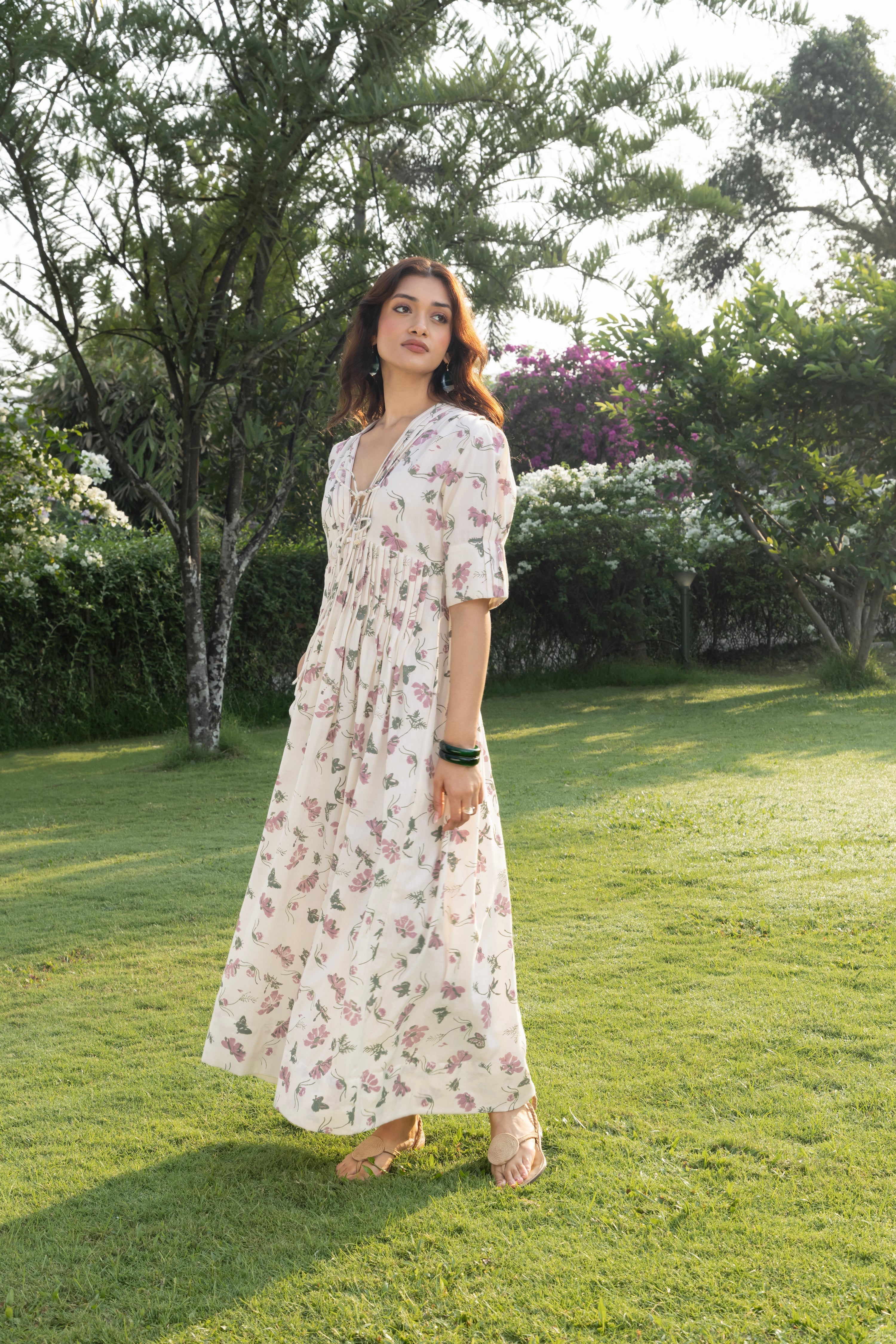 V-Neck Pleated Maxi Dress with Embroidery at kamakhyaa.com by Akashi Clothing. This item is Cosmos by Akashi Clothing, Internal Tags Missing, Under $150