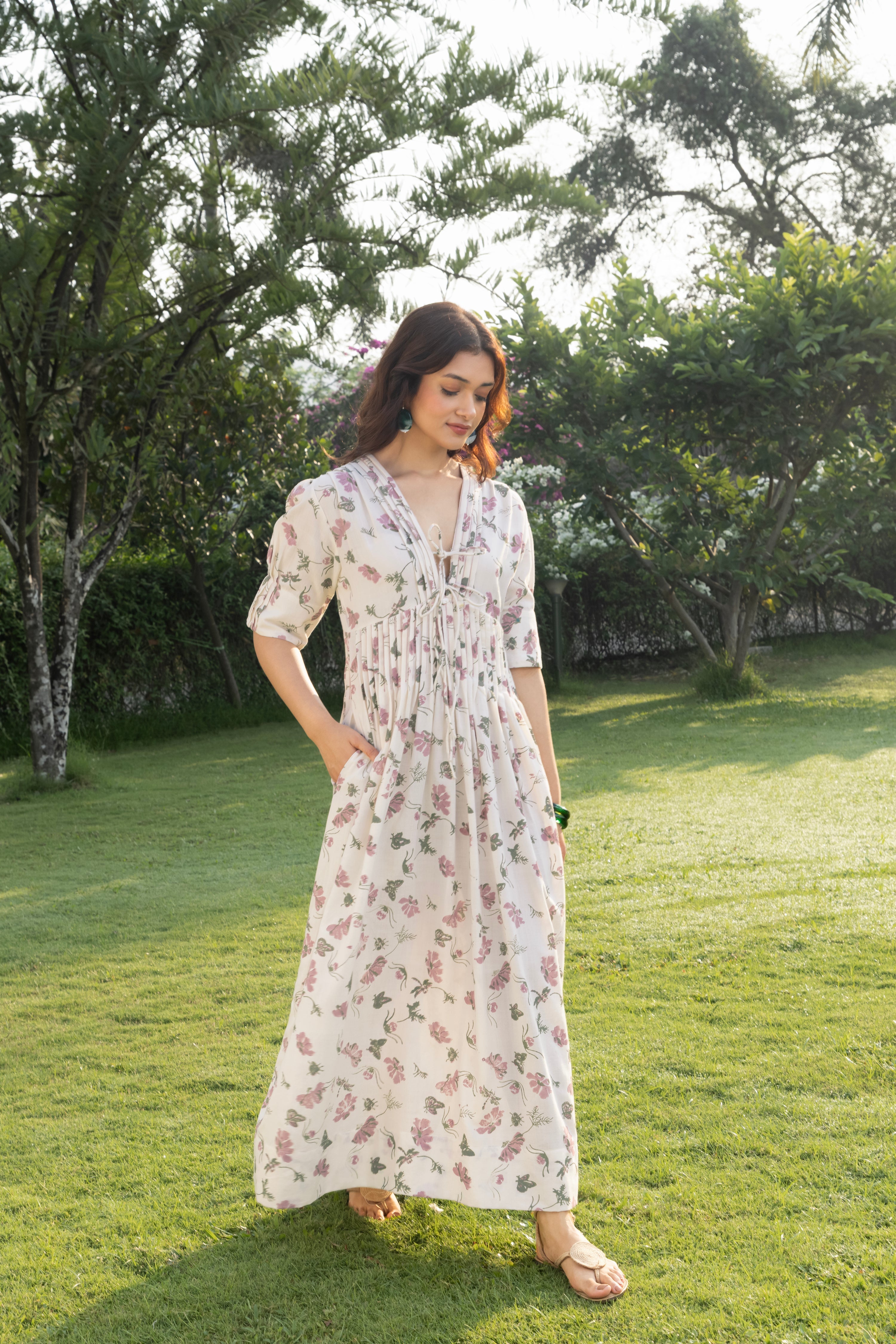 V-Neck Pleated Maxi Dress with Embroidery at kamakhyaa.com by Akashi Clothing. This item is Cosmos by Akashi Clothing, Internal Tags Missing, Under $150