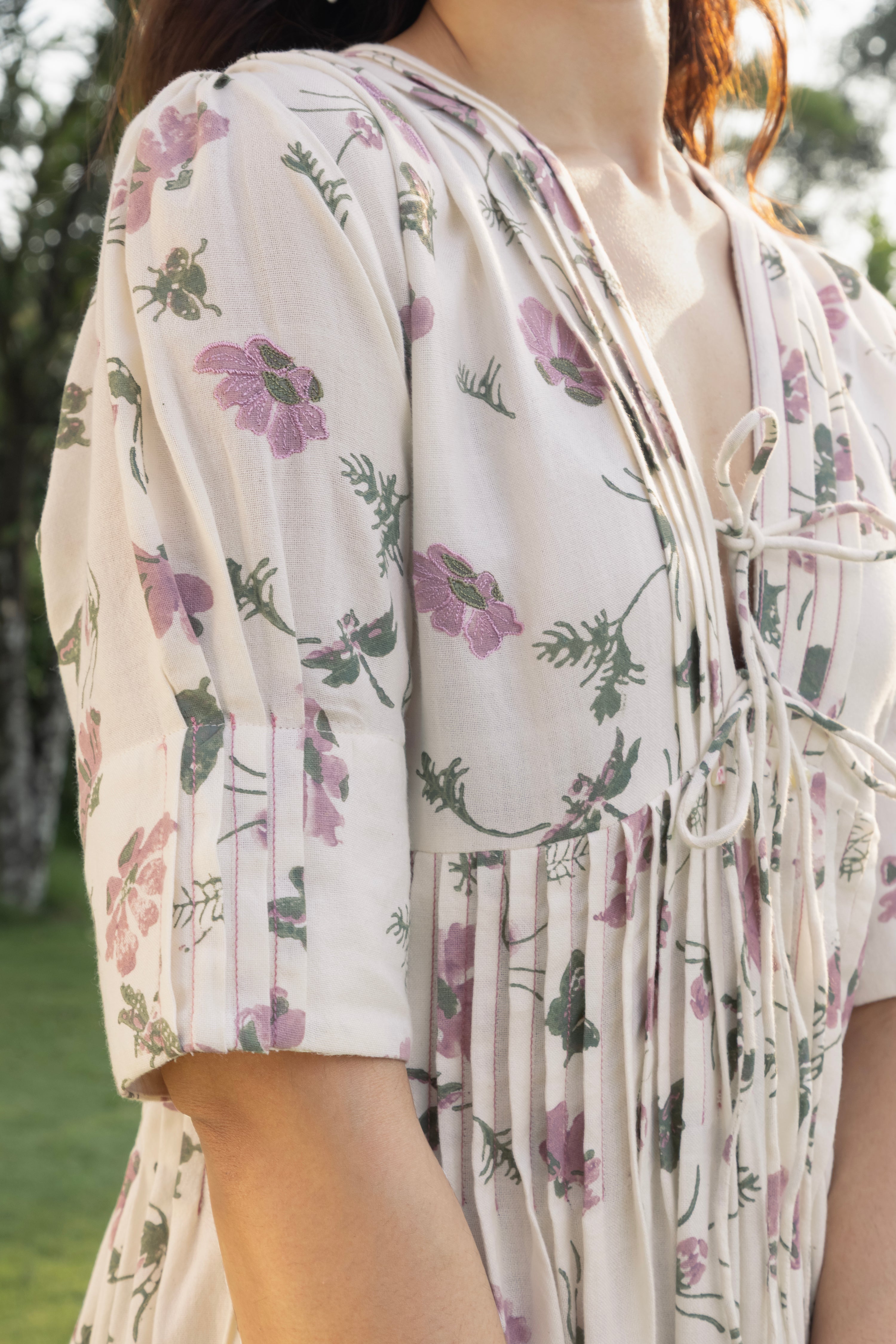 V-Neck Pleated Maxi Dress with Embroidery at kamakhyaa.com by Akashi Clothing. This item is Cosmos by Akashi Clothing, Internal Tags Missing, Under $150