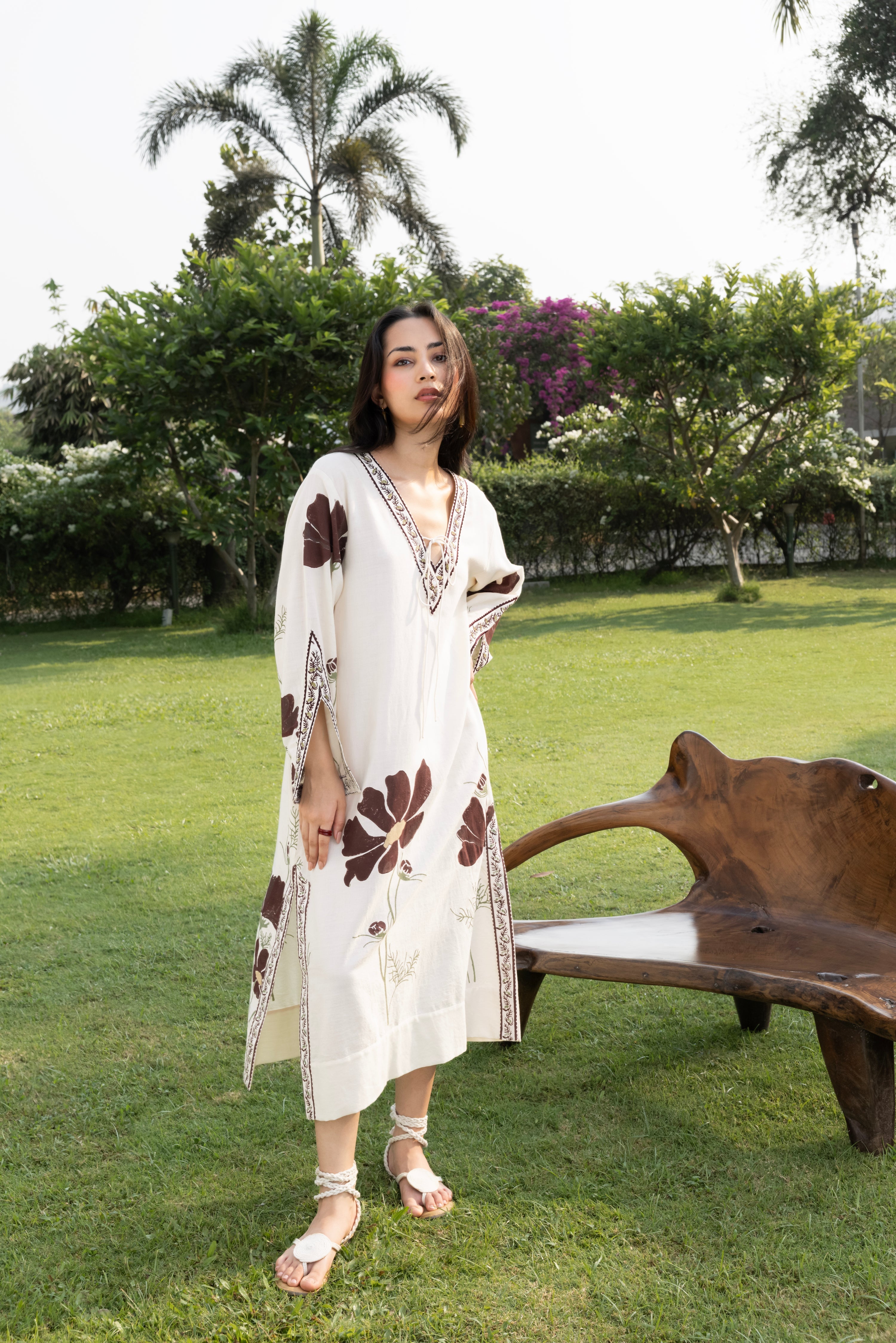 Floral Kaftan with Embroidered Detailing at kamakhyaa.com by Akashi Clothing. This item is Cosmos by Akashi Clothing, Internal Tags Missing, Under $50