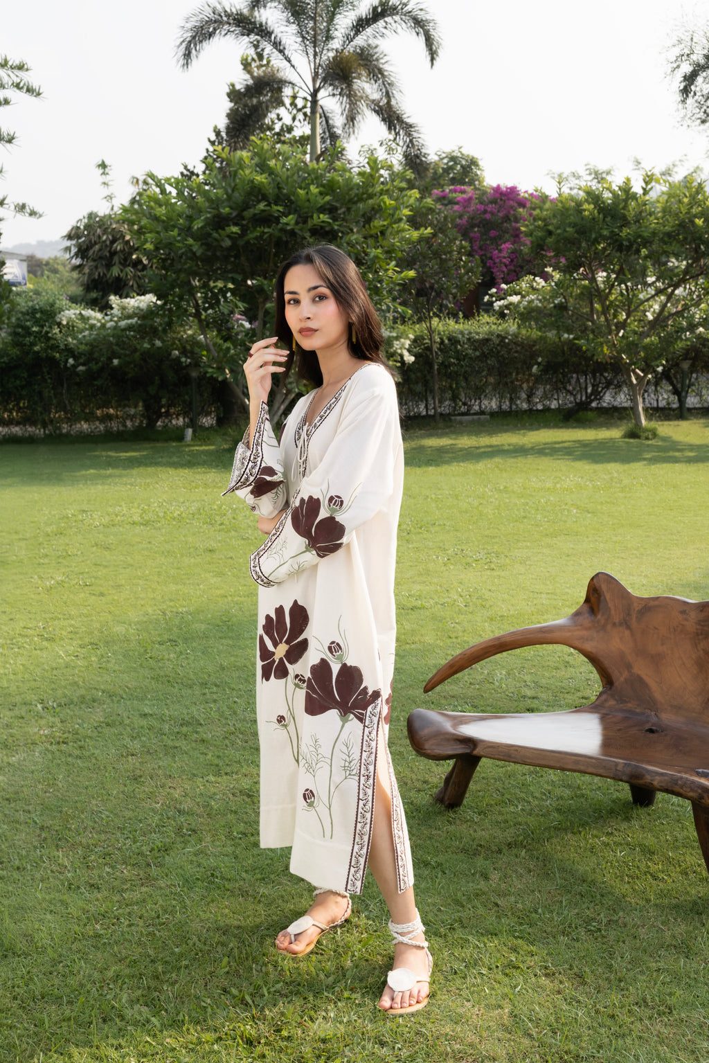 Floral Kaftan with Embroidered Detailing at kamakhyaa.com by Akashi Clothing. This item is Cosmos by Akashi Clothing, Internal Tags Missing, Under $50