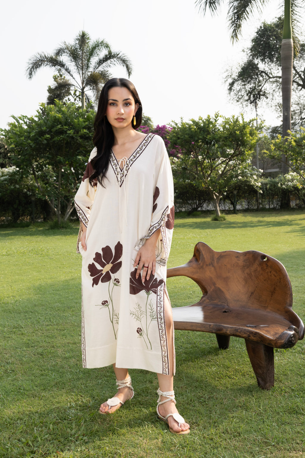 Floral Kaftan with Embroidered Detailing at kamakhyaa.com by Akashi Clothing. This item is Cosmos by Akashi Clothing, Internal Tags Missing, Under $50