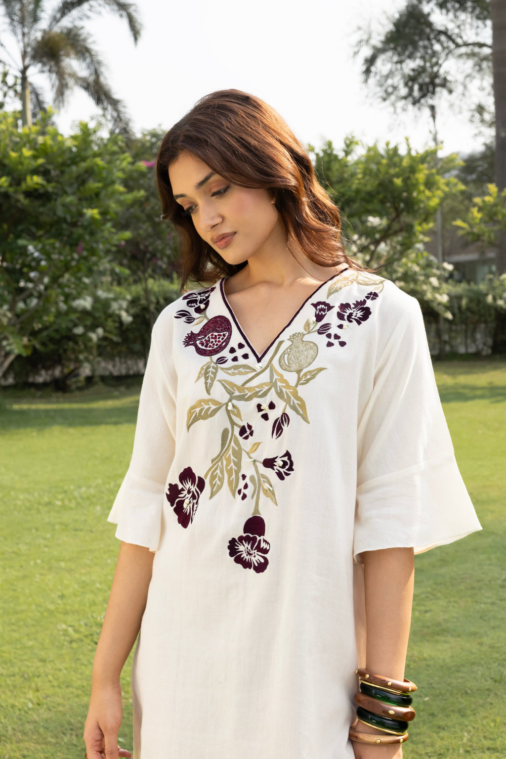 Burgundy Pomegranate Embroidered Short Kaftan Dress at kamakhyaa.com by Akashi Clothing. This item is Cosmos by Akashi Clothing, Internal Tags Missing, Under $50