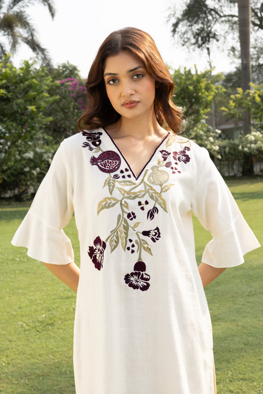 Burgundy Pomegranate Embroidered Short Kaftan Dress at kamakhyaa.com by Akashi Clothing. This item is Cosmos by Akashi Clothing, Internal Tags Missing, Under $50