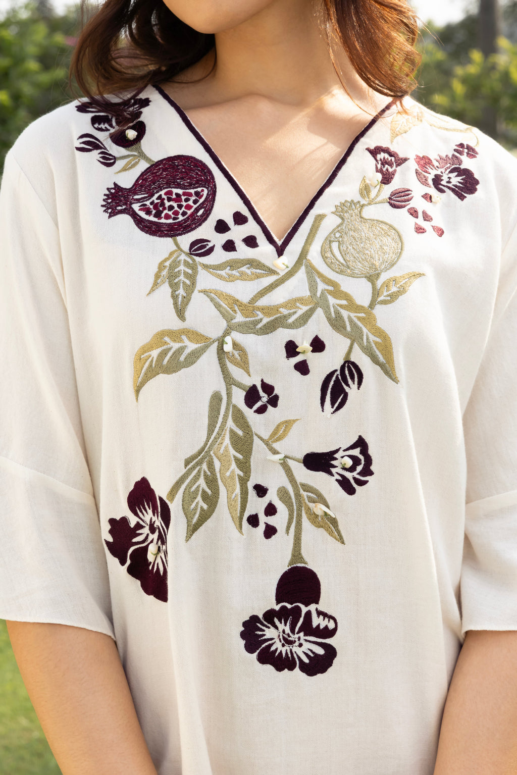 Burgundy Pomegranate Embroidered Short Kaftan Dress at kamakhyaa.com by Akashi Clothing. This item is Cosmos by Akashi Clothing, Internal Tags Missing, Under $50