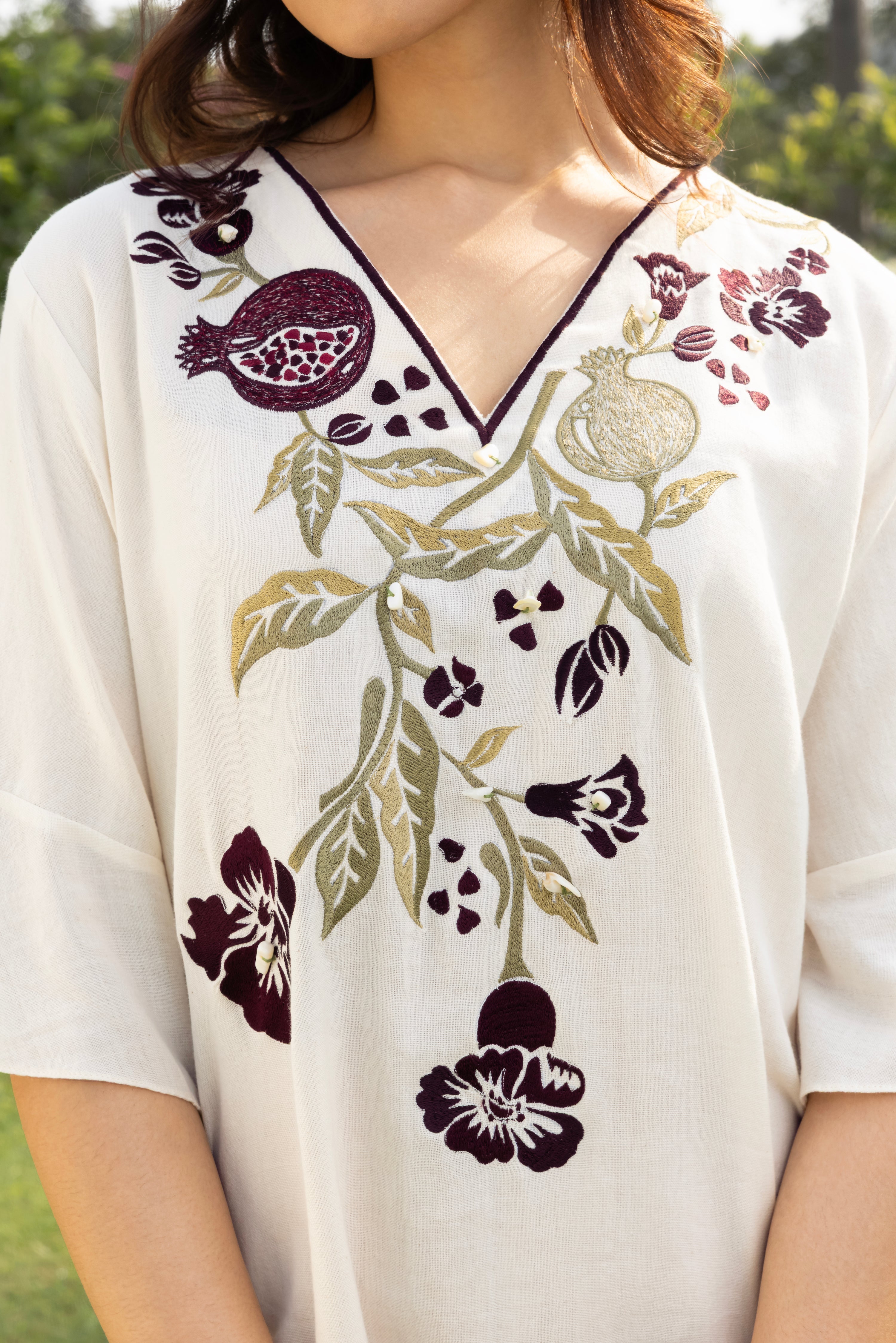 Burgundy Pomegranate Embroidered Short Kaftan Dress at kamakhyaa.com by Akashi Clothing. This item is Cosmos by Akashi Clothing, Internal Tags Missing, Under $50