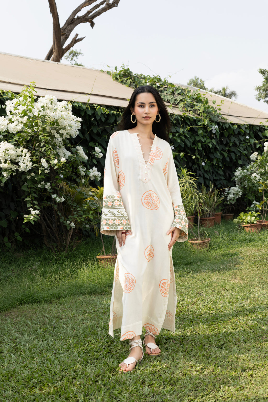 Kaftan with Front Tie-Up & Embroidered Sleeves at kamakhyaa.com by Akashi Clothing. This item is Cosmos by Akashi Clothing, Internal Tags Missing, Under $50