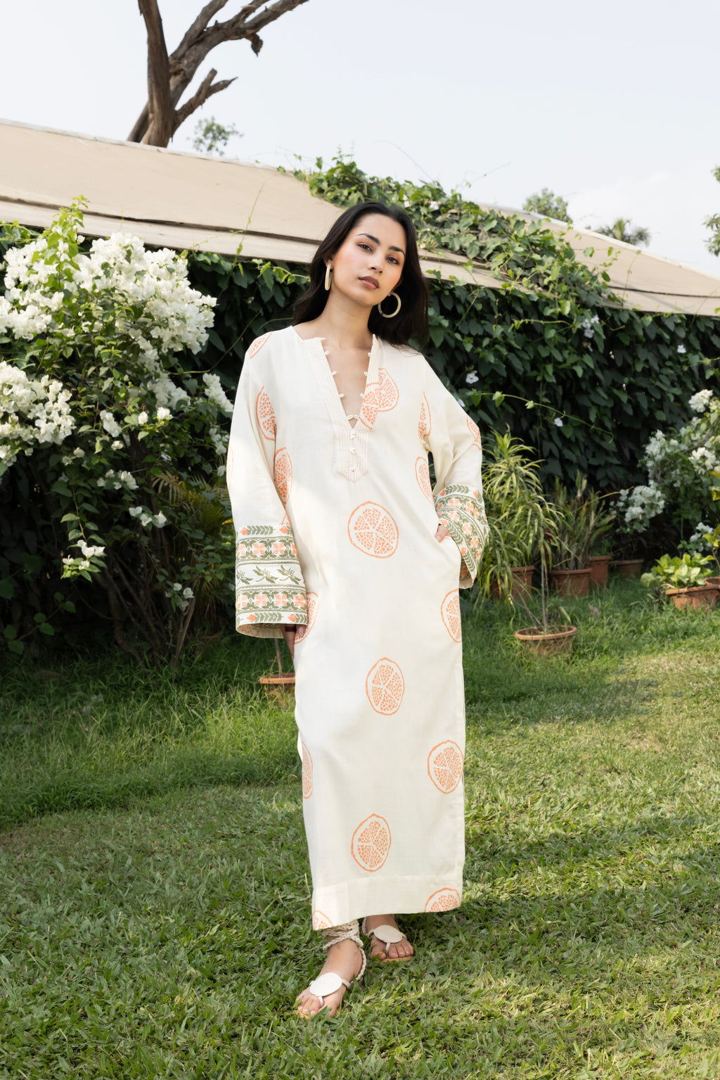 Kaftan with Front Tie-Up & Embroidered Sleeves at kamakhyaa.com by Akashi Clothing. This item is Cosmos by Akashi Clothing, Internal Tags Missing, Under $50