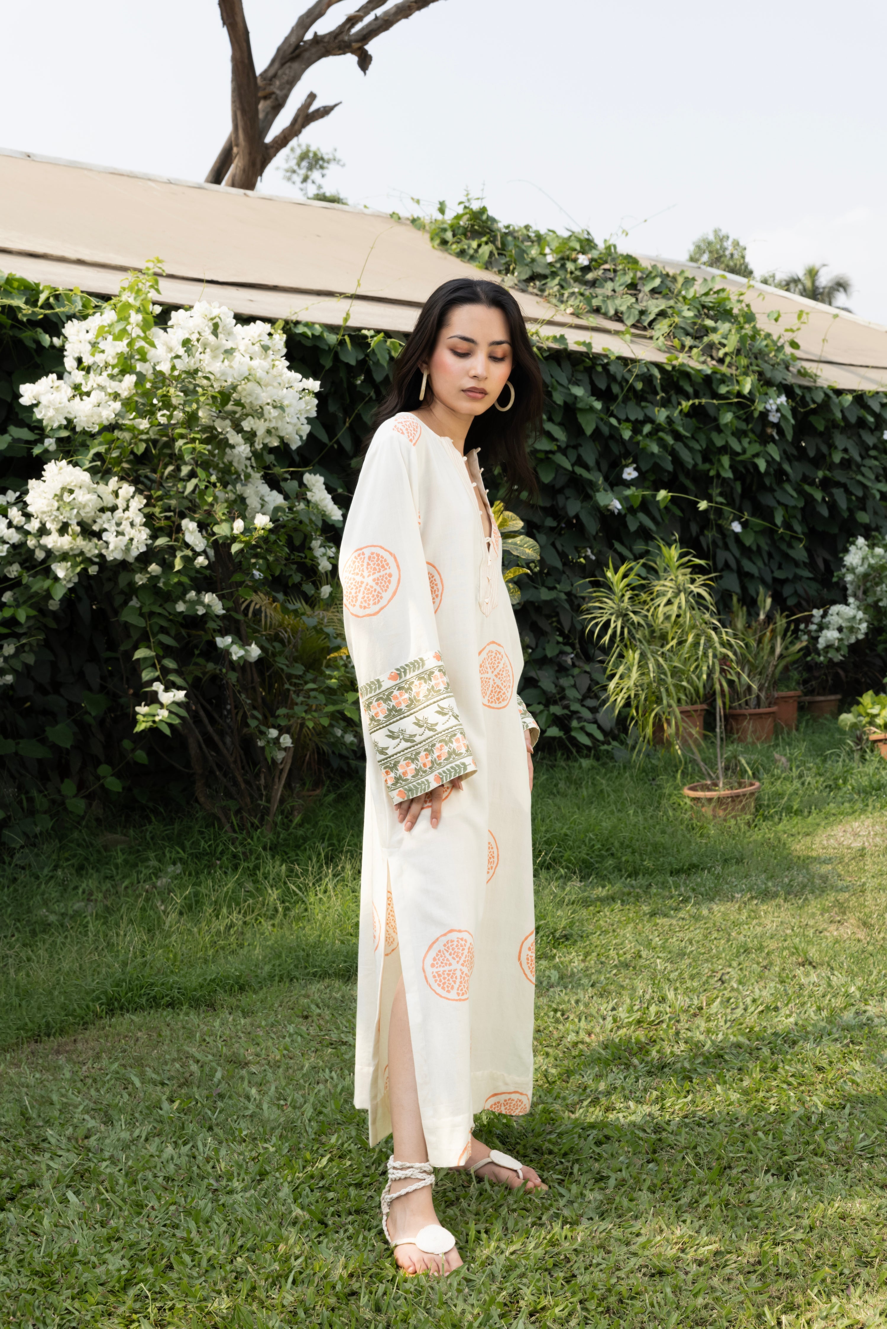 Kaftan with Front Tie-Up & Embroidered Sleeves at kamakhyaa.com by Akashi Clothing. This item is Cosmos by Akashi Clothing, Internal Tags Missing, Under $50