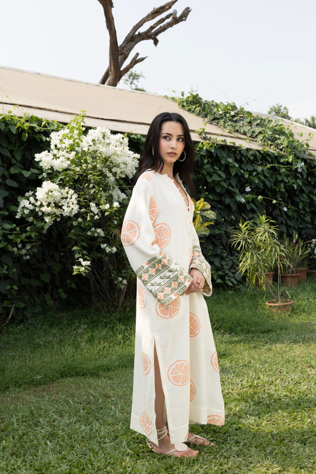 Kaftan with Front Tie-Up & Embroidered Sleeves at kamakhyaa.com by Akashi Clothing. This item is Cosmos by Akashi Clothing, Internal Tags Missing, Under $50