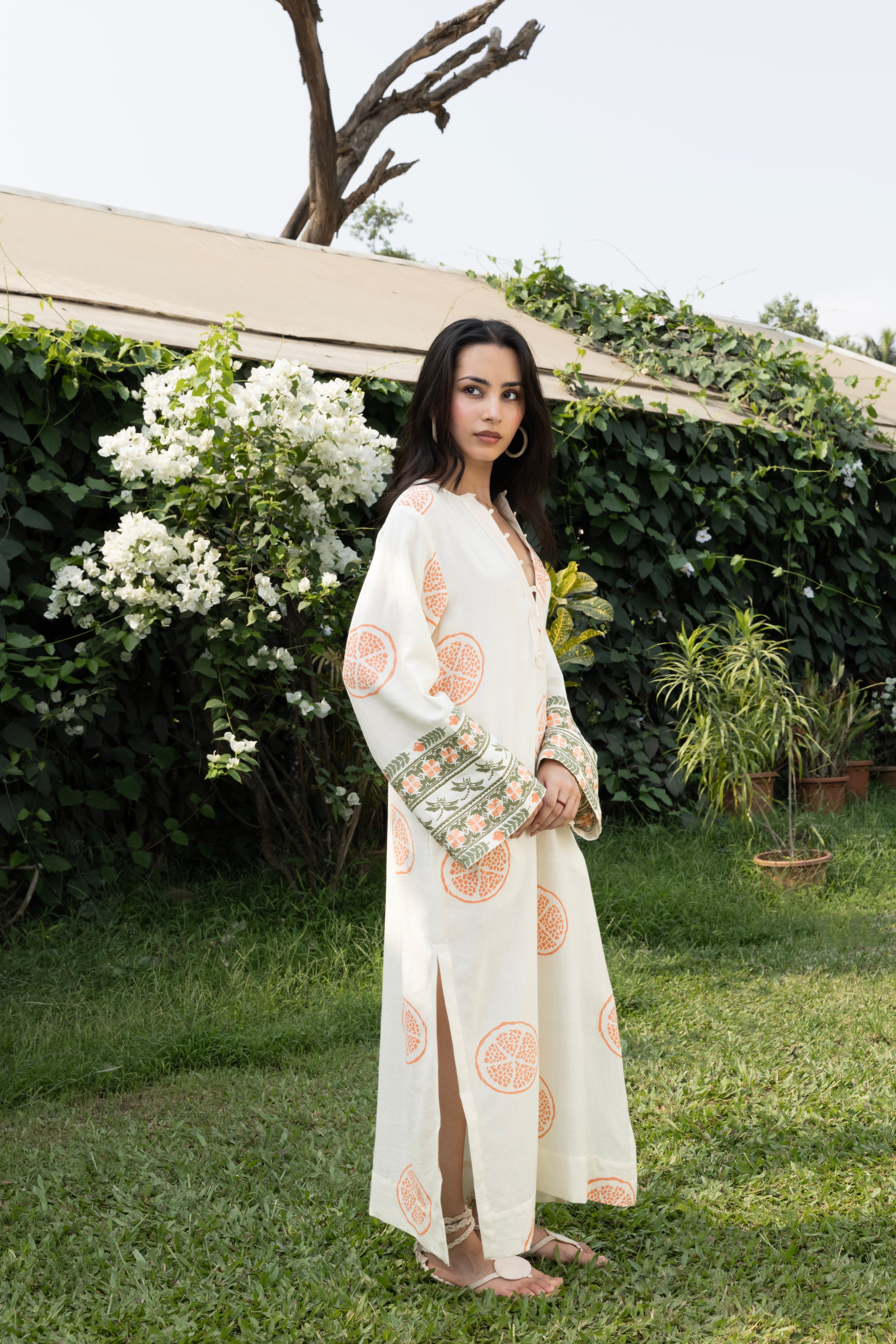 Kaftan with Front Tie-Up & Embroidered Sleeves at kamakhyaa.com by Akashi Clothing. This item is Cosmos by Akashi Clothing, Internal Tags Missing, Under $50