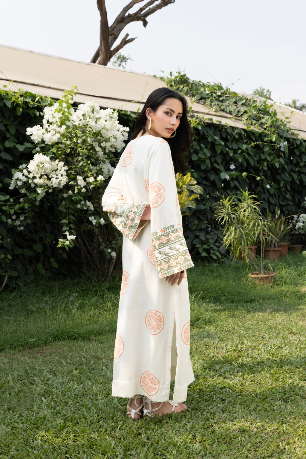Kaftan with Front Tie-Up & Embroidered Sleeves at kamakhyaa.com by Akashi Clothing. This item is Cosmos by Akashi Clothing, Internal Tags Missing, Under $50