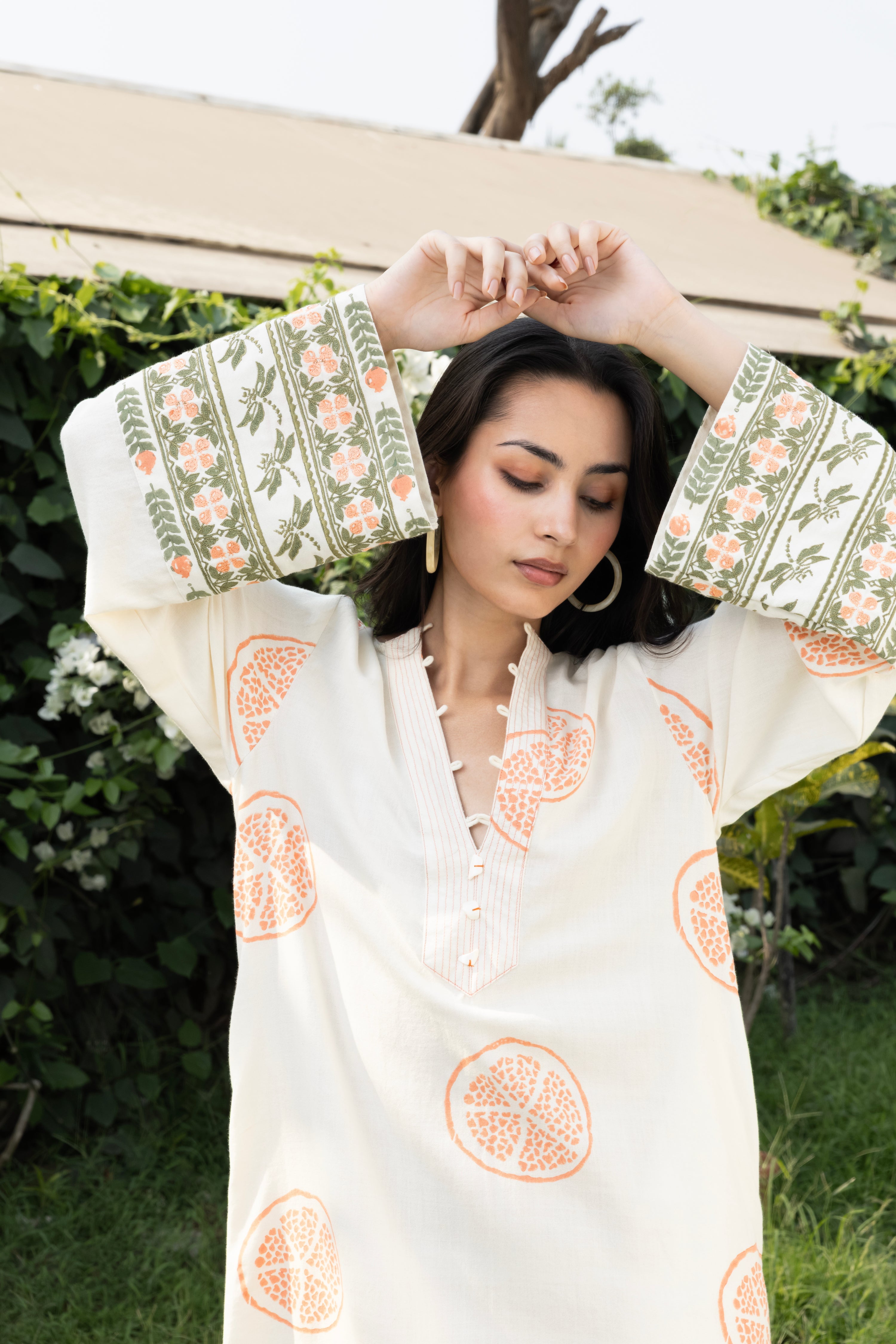 Kaftan with Front Tie-Up & Embroidered Sleeves at kamakhyaa.com by Akashi Clothing. This item is Cosmos by Akashi Clothing, Internal Tags Missing, Under $50