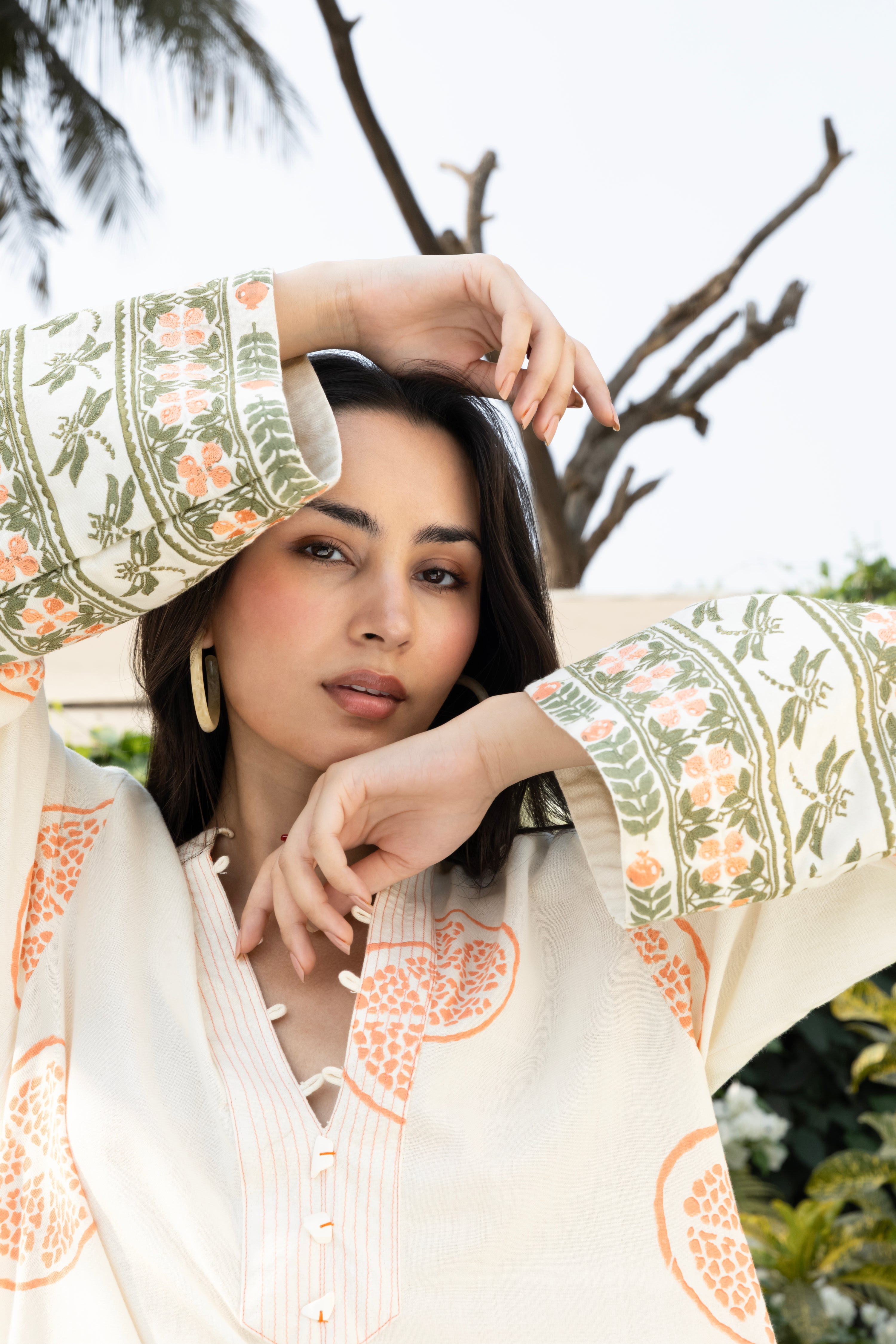 Kaftan with Front Tie-Up & Embroidered Sleeves at kamakhyaa.com by Akashi Clothing. This item is Cosmos by Akashi Clothing, Internal Tags Missing, Under $50