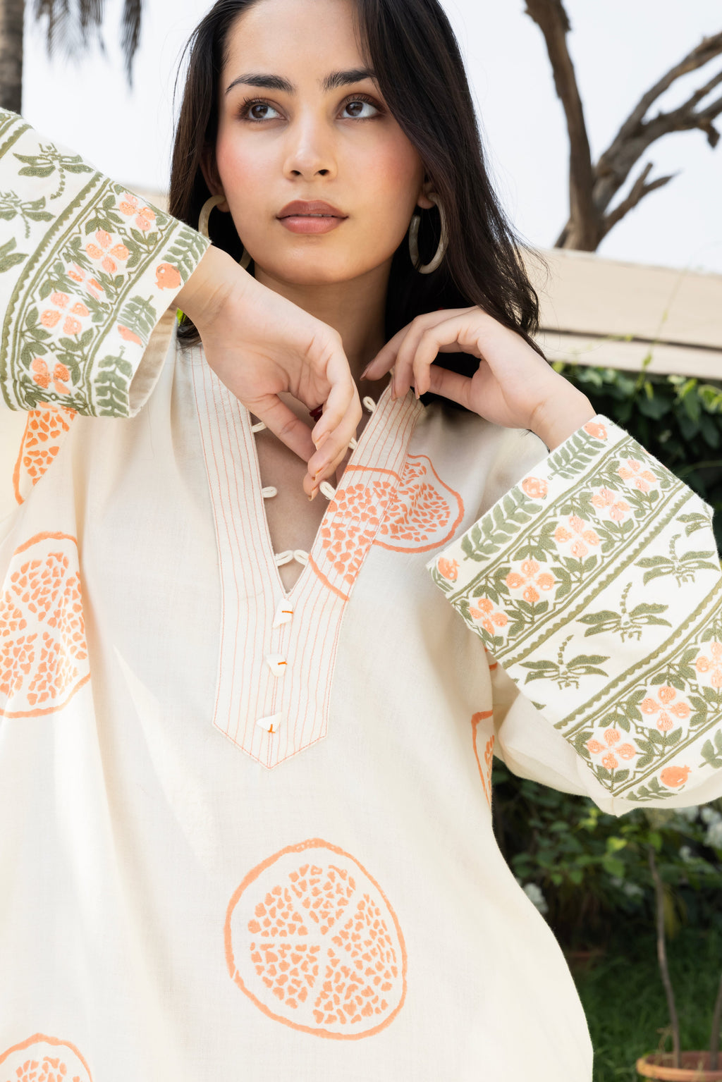 Kaftan with Front Tie-Up & Embroidered Sleeves at kamakhyaa.com by Akashi Clothing. This item is Cosmos by Akashi Clothing, Internal Tags Missing, Under $50