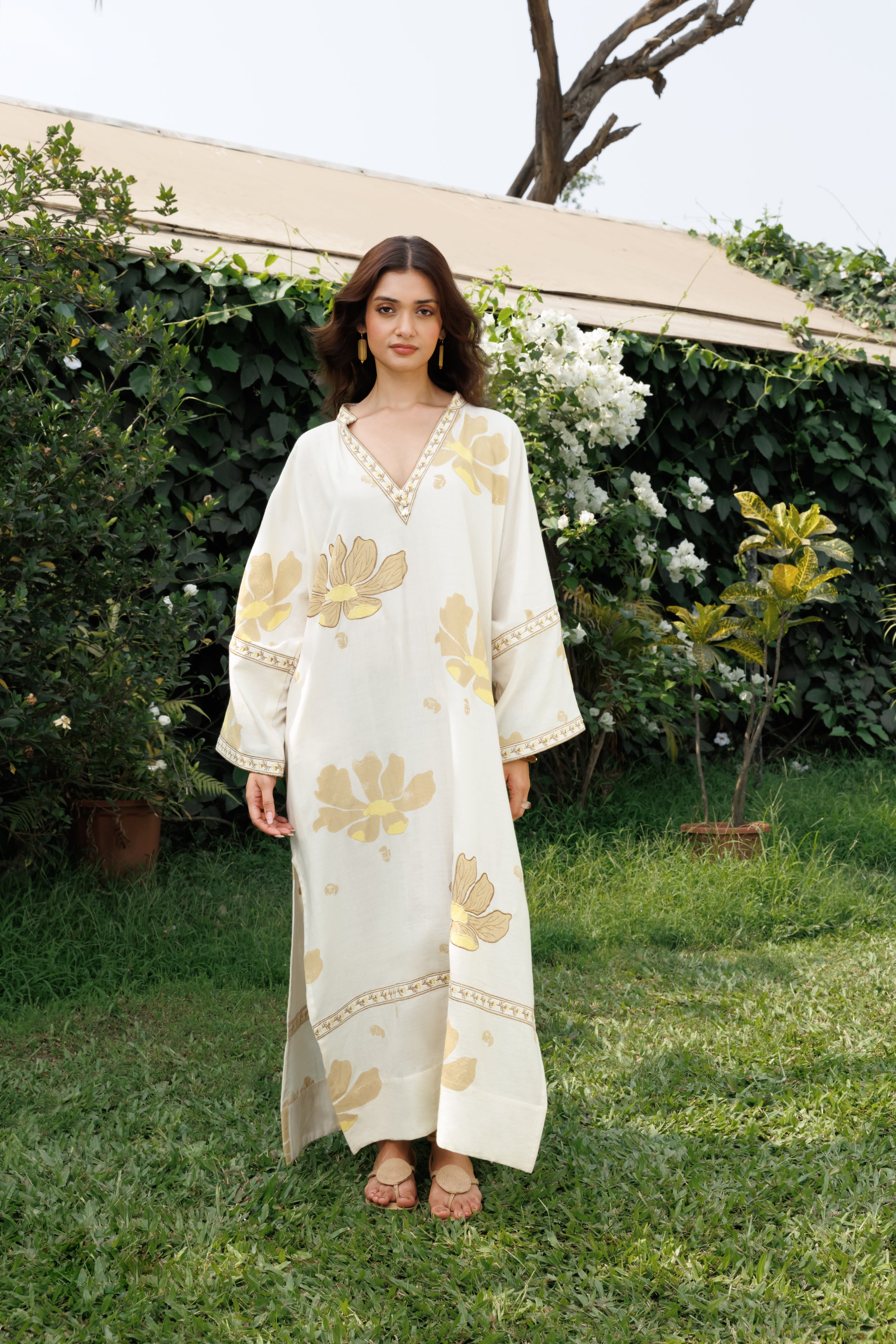 Oversized V-Neck Kaftan with Border Detail at kamakhyaa.com by Akashi Clothing. This item is Cosmos by Akashi Clothing, Internal Tags Missing, Under $50