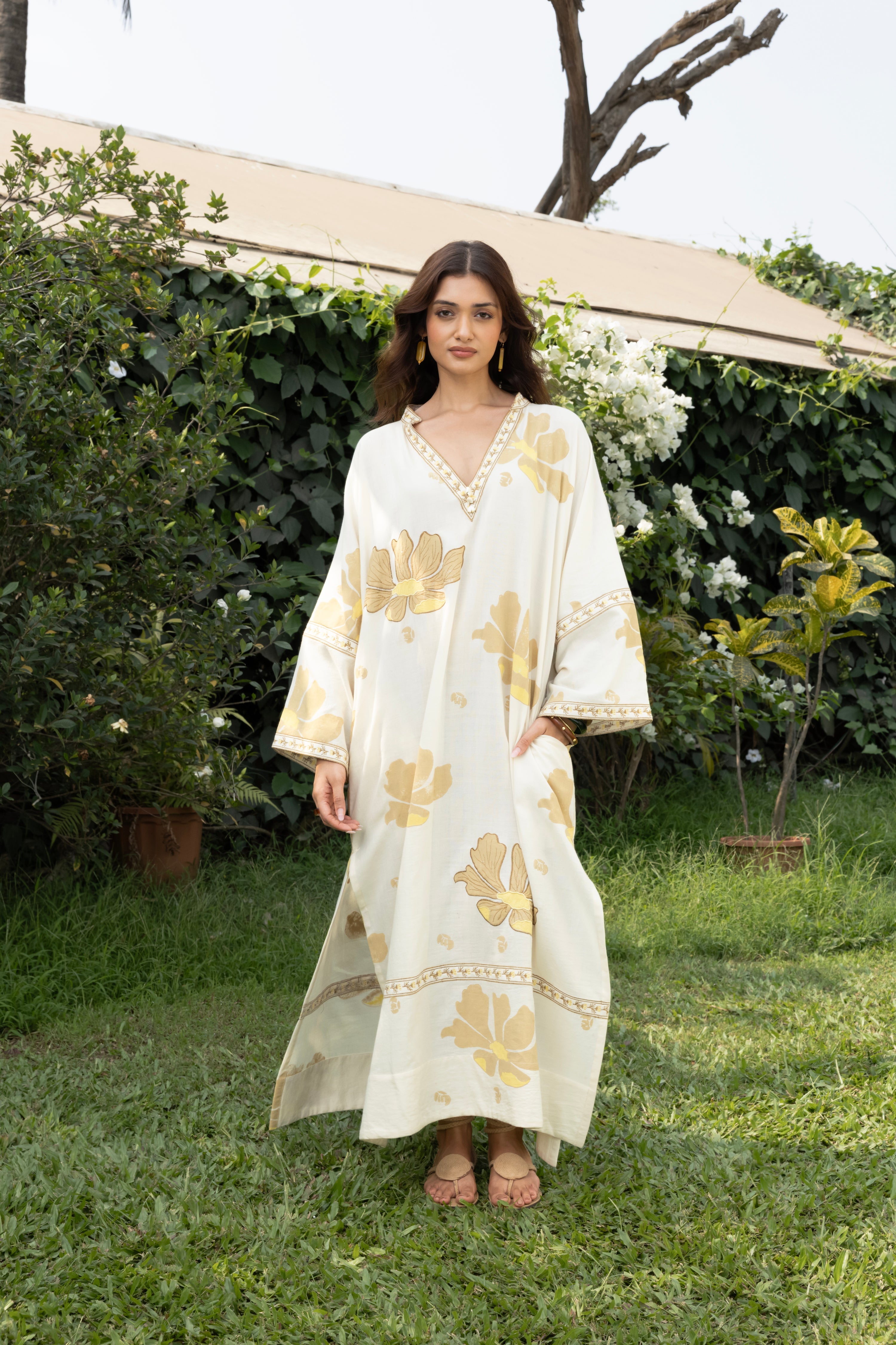 Oversized V-Neck Kaftan with Border Detail at kamakhyaa.com by Akashi Clothing. This item is Cosmos by Akashi Clothing, Internal Tags Missing, Under $50