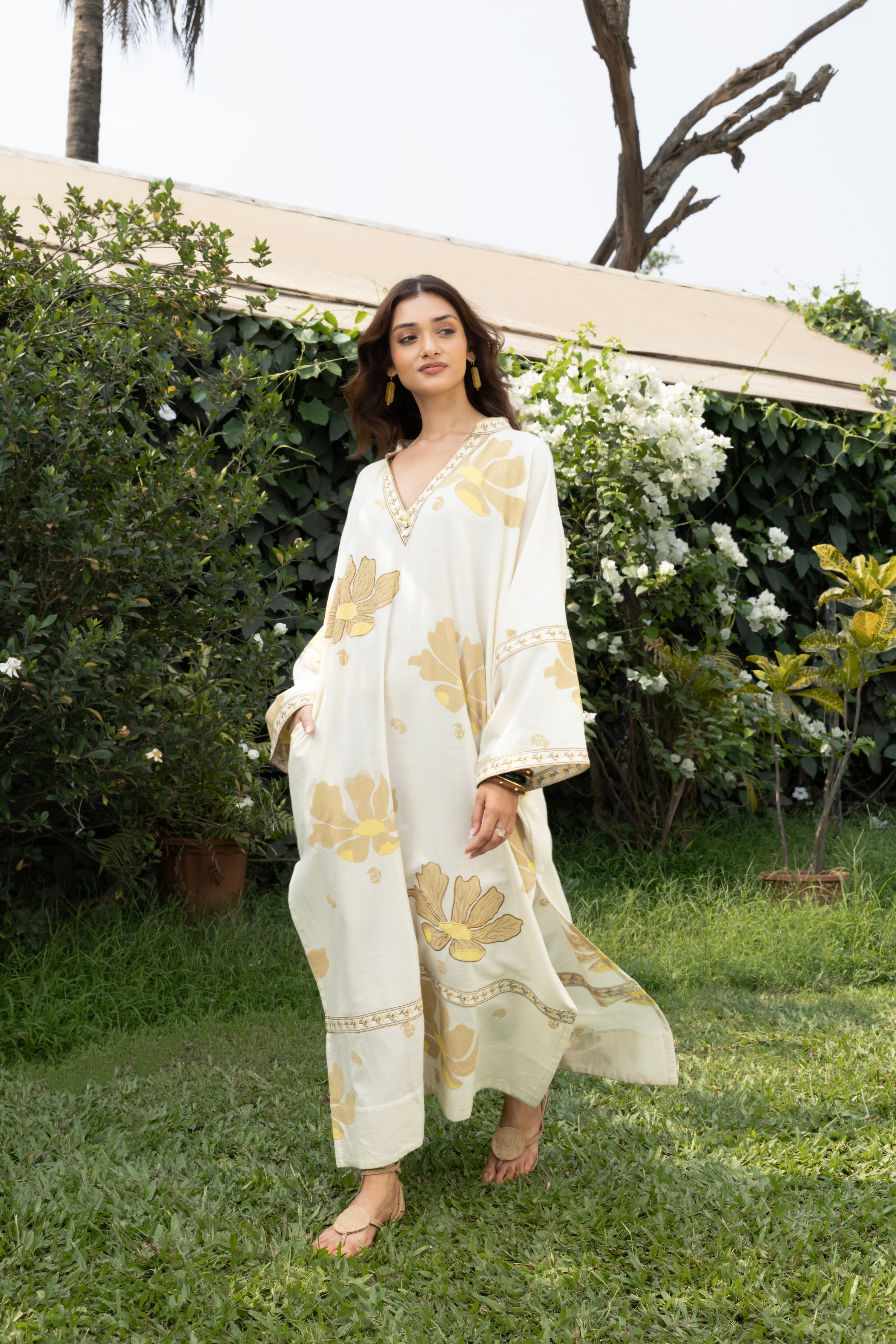 Oversized V-Neck Kaftan with Border Detail at kamakhyaa.com by Akashi Clothing. This item is Cosmos by Akashi Clothing, Internal Tags Missing, Under $50