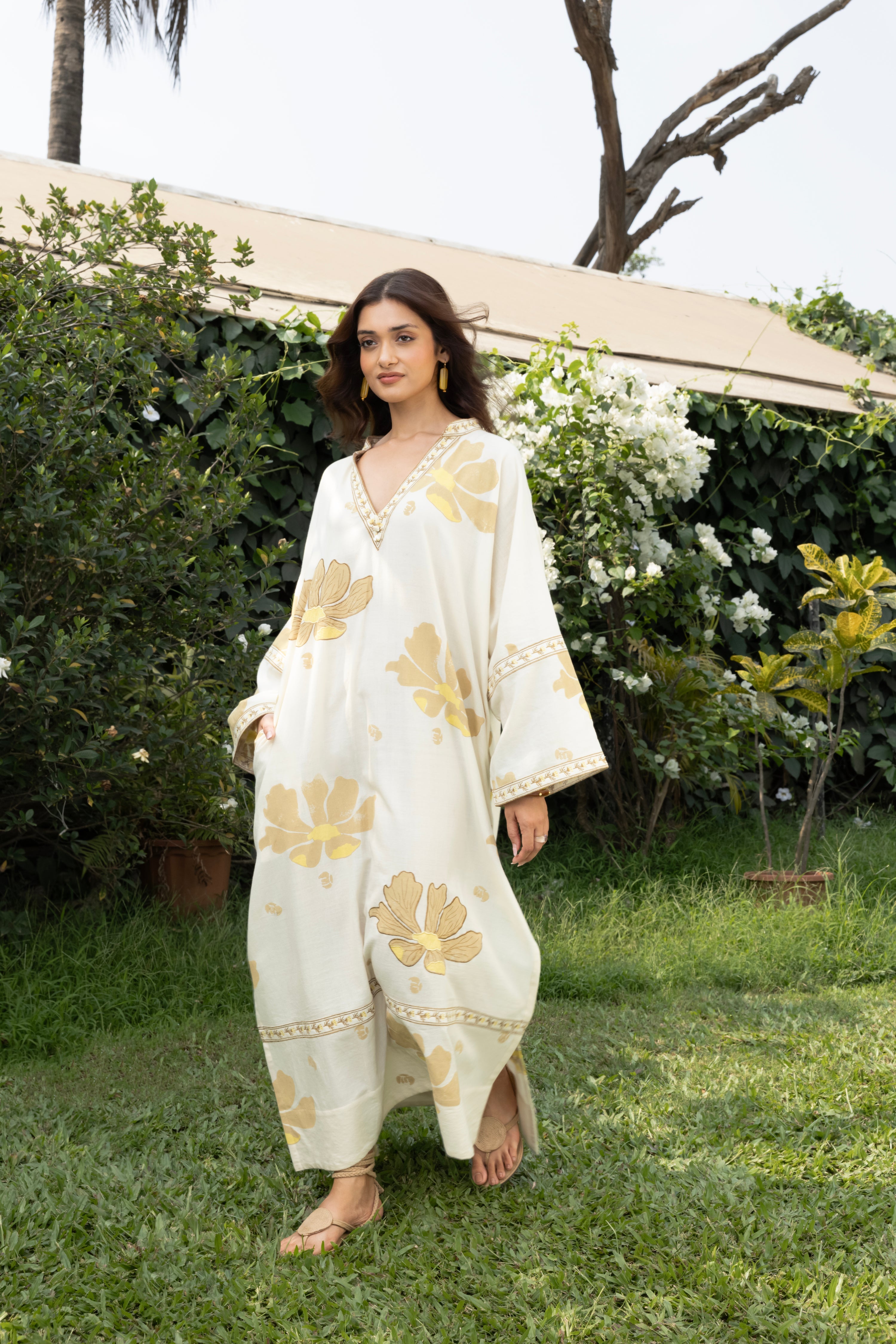 Oversized V-Neck Kaftan with Border Detail at kamakhyaa.com by Akashi Clothing. This item is Cosmos by Akashi Clothing, Internal Tags Missing, Under $50