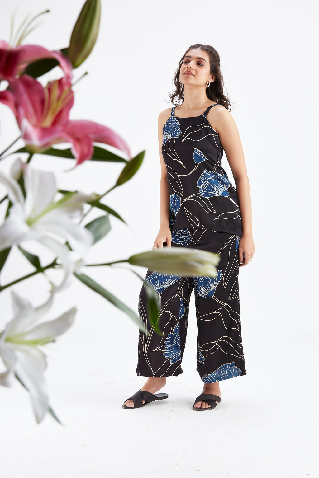 Alina Black Floral Printed Cotton Co-ord set at Kamakhyaa by Hasttvam. This item is Black, Cotton, Ete by Hasttvam, Floral Prints, Fusion Wear, Hand Printed, Womenswear